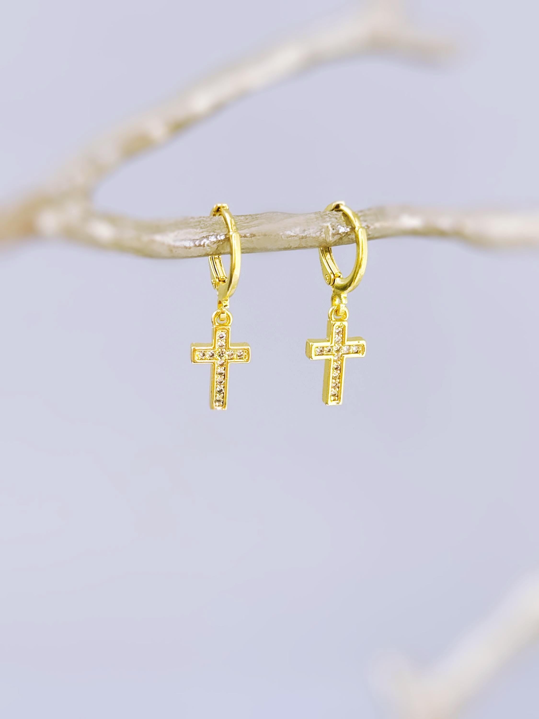 Dainty Gold Cross Earrings dangle huggie hoop minimalist crystal religious faith jewelry for her Christian baptism confirmation Easter gift