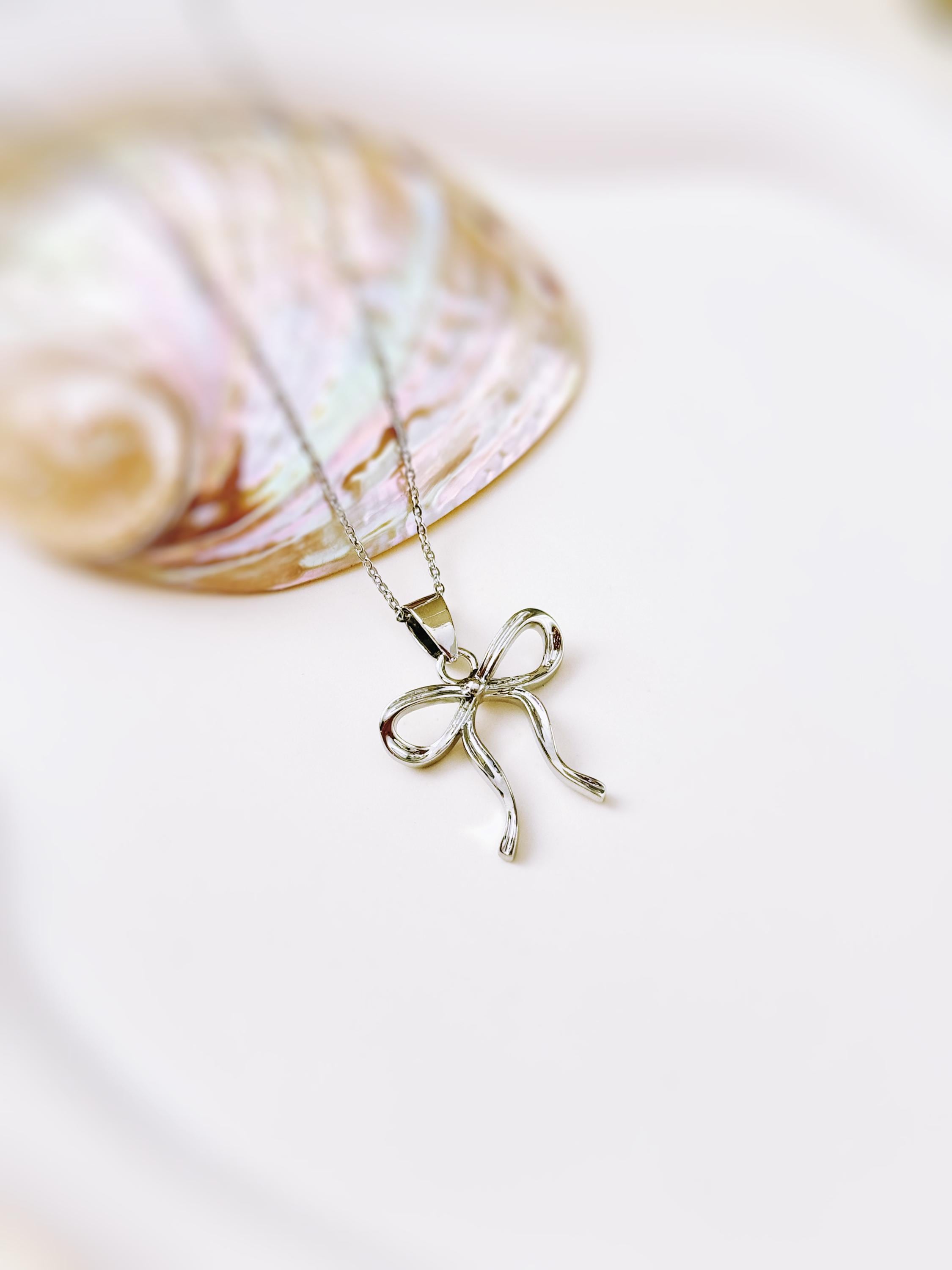 Ribbon Bow Necklace Silver, Gold pendant romantic coquette bowknot jewelry gift for girlfriend, wife feminine pendant necklace for women