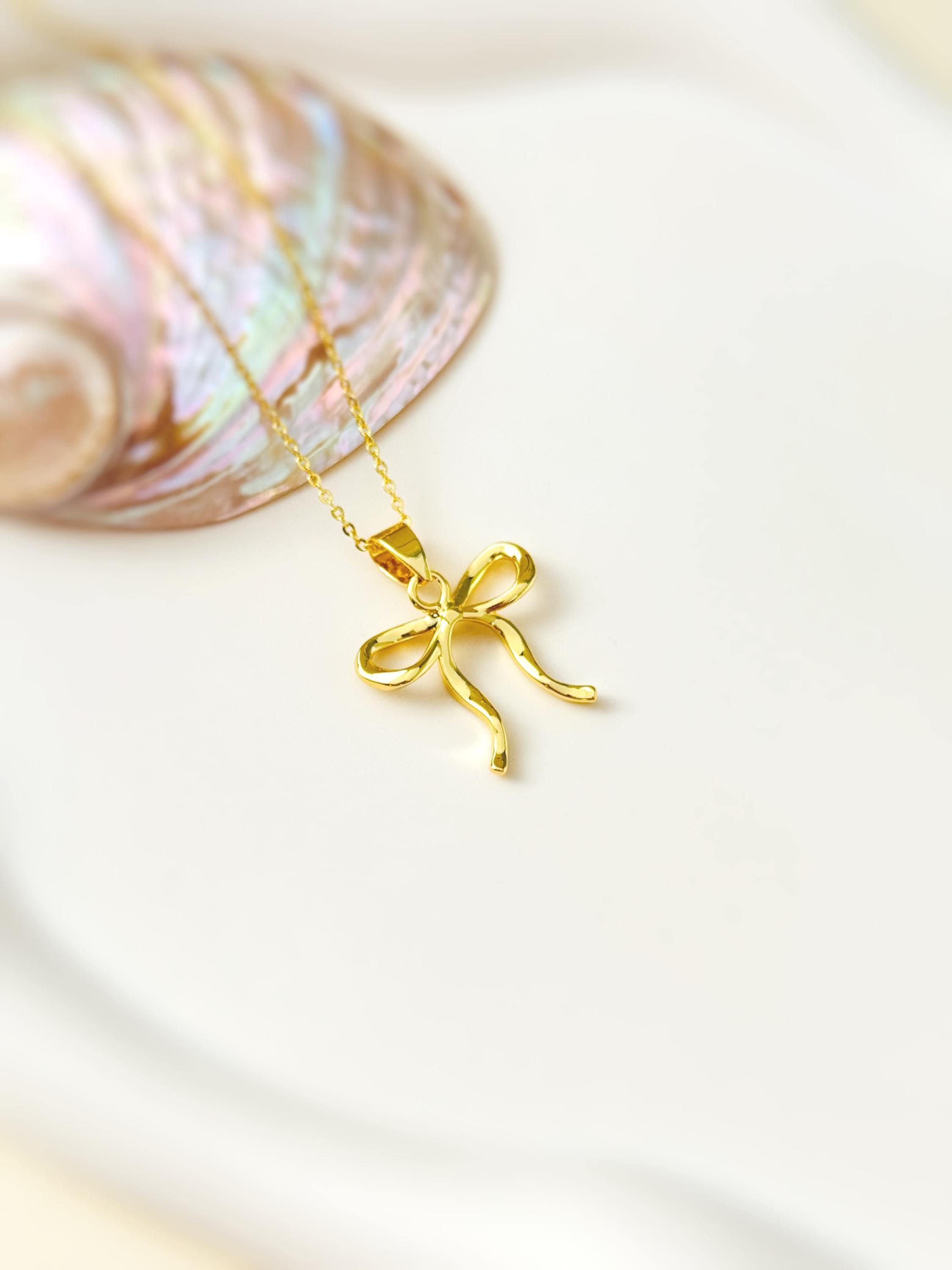 Ribbon Bow Necklace Gold, Silver pendant romantic coquette bowknot jewelry gift for girlfriend, wife feminine pendant necklace for women