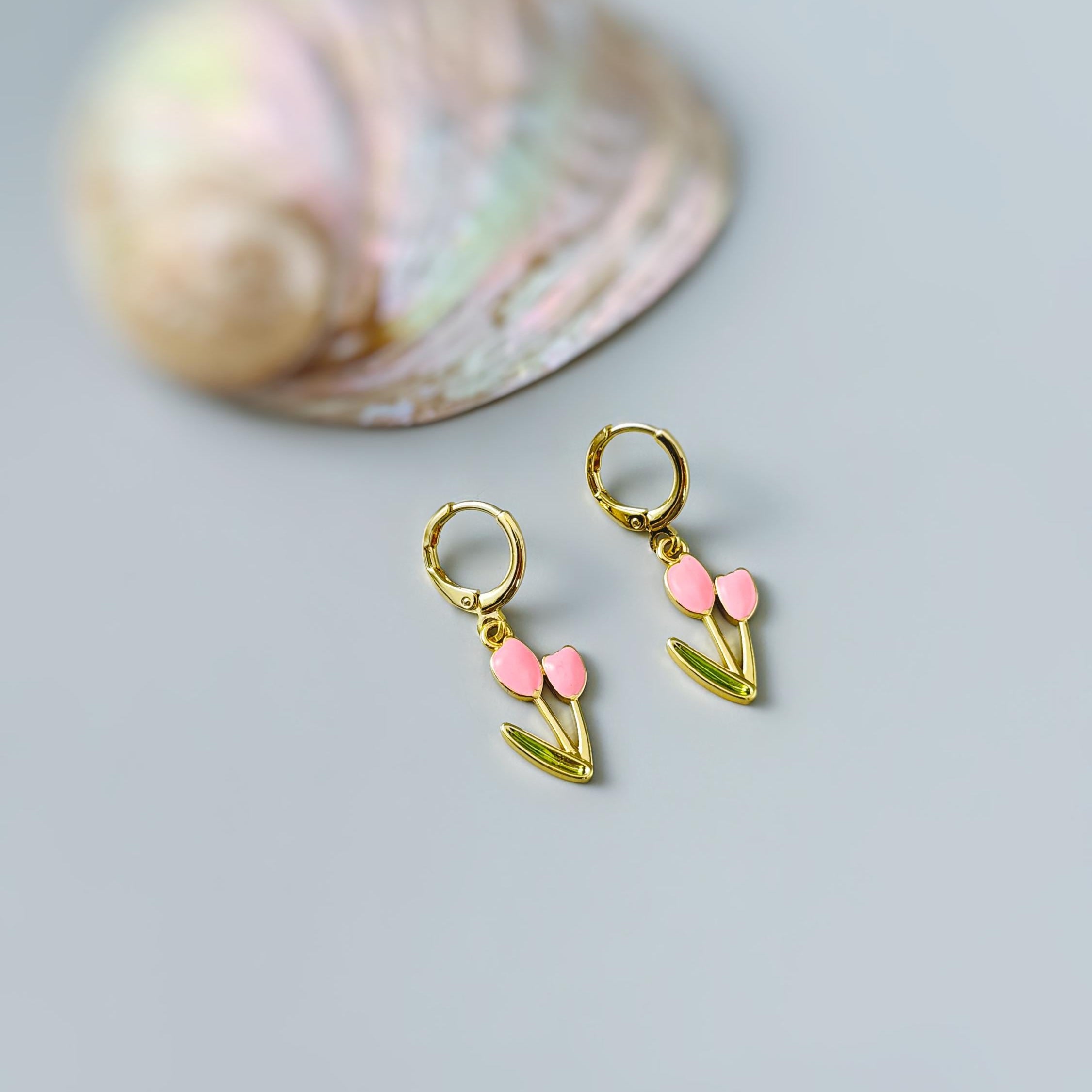 Pink Tulip Earrings Gold Dangle Huggie Hoops handmade colorful spring floral jewelry April Birthday  birth flower gift for mom Mother's Day