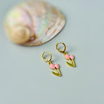 Pink Tulip Earrings Gold Dangle Huggie Hoops handmade colorful spring floral jewelry April Birthday birth flower gift for gardener, mom her