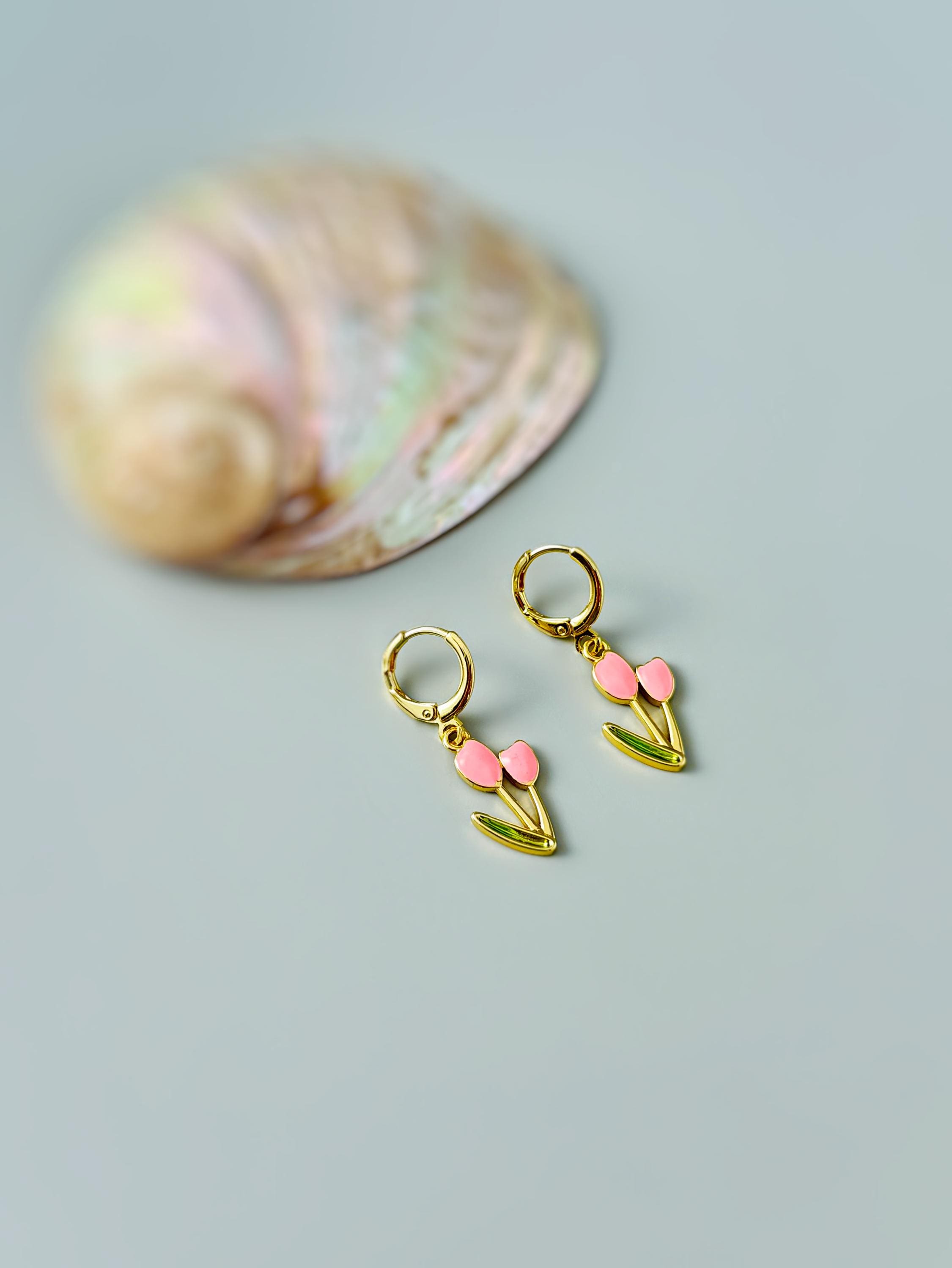 Pink Tulip Earrings Gold Dangle Huggie Hoops handmade colorful spring floral jewelry April Birthday birth flower gift for gardener, mom her