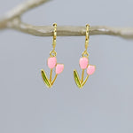 Pink Tulip Earrings Gold Dangle Huggie Hoops handmade colorful spring floral jewelry April Birthday  birth flower gift for mom Mother's Day
