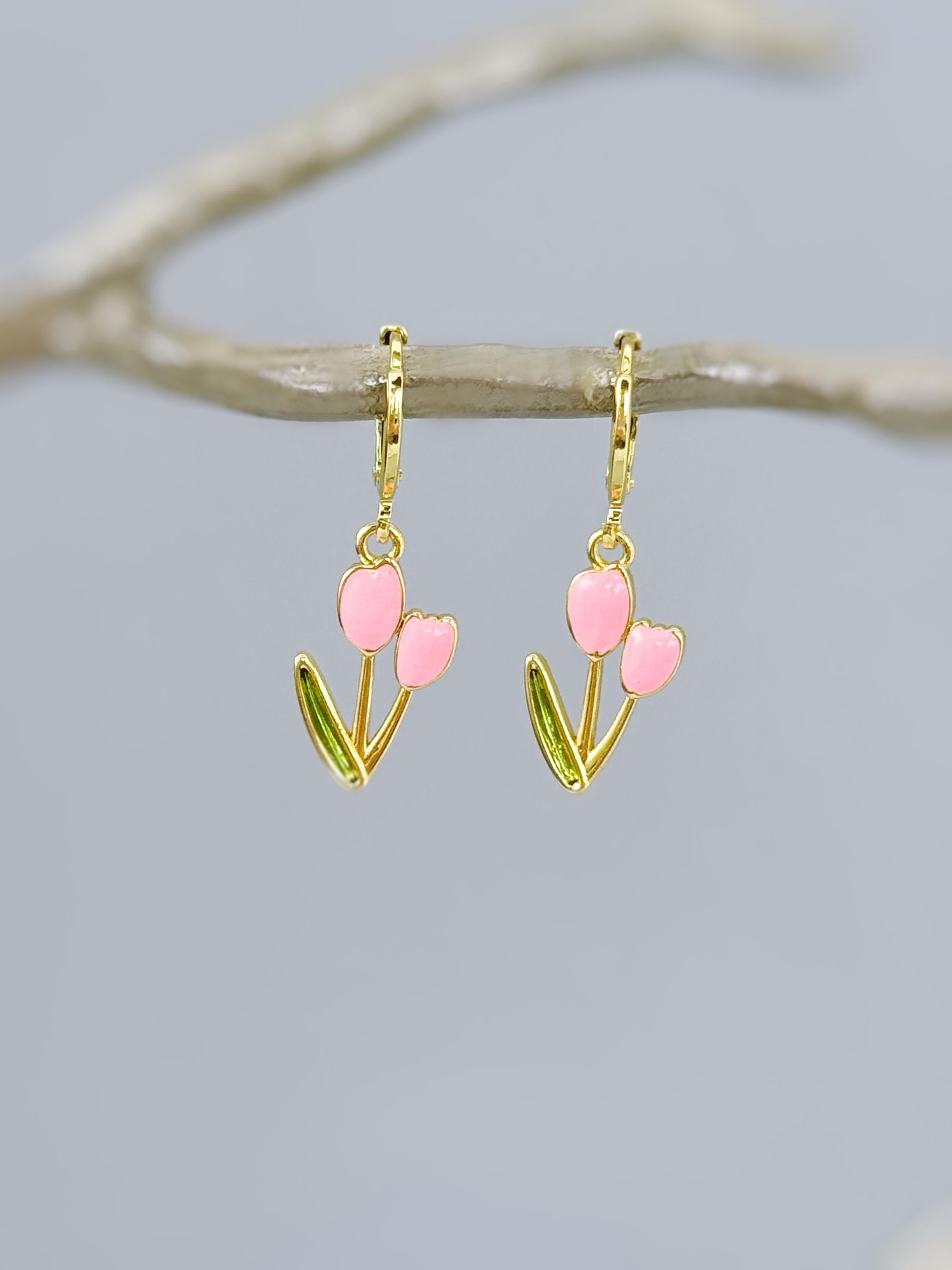 Pink Tulip Earrings Gold Dangle Huggie Hoops handmade colorful spring floral jewelry April Birthday  birth flower gift for mom Mother's Day