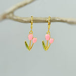 Pink Tulip Earrings Gold Dangle Huggie Hoops handmade colorful spring floral jewelry April Birthday birth flower gift for gardener, mom her