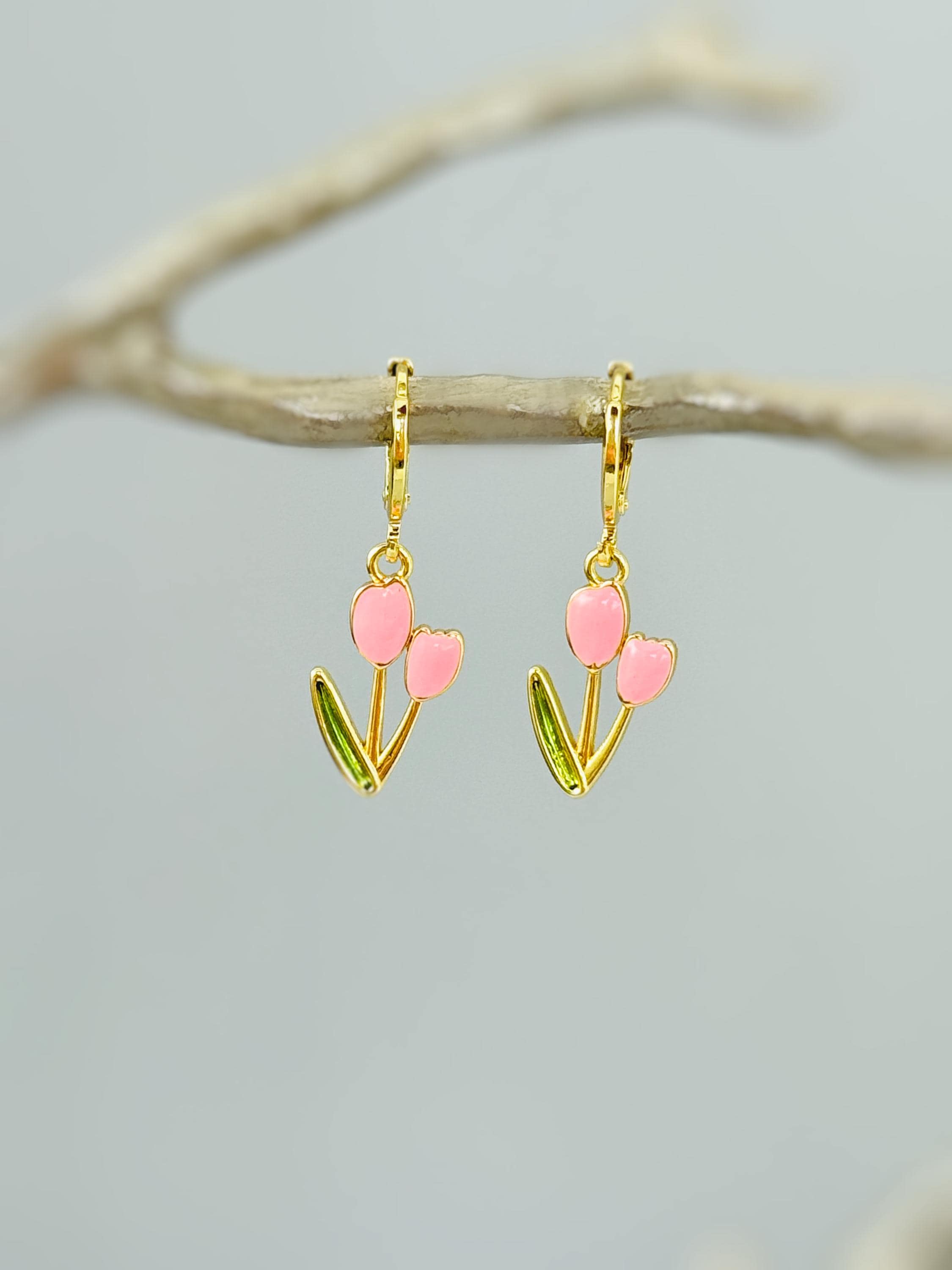 Pink Tulip Earrings Gold Dangle Huggie Hoops handmade colorful spring floral jewelry April Birthday birth flower gift for gardener, mom her