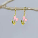 Pink Tulip Earrings Gold Dangle Huggie Hoops handmade colorful spring floral jewelry April Birthday birth flower gift for gardener, mom her