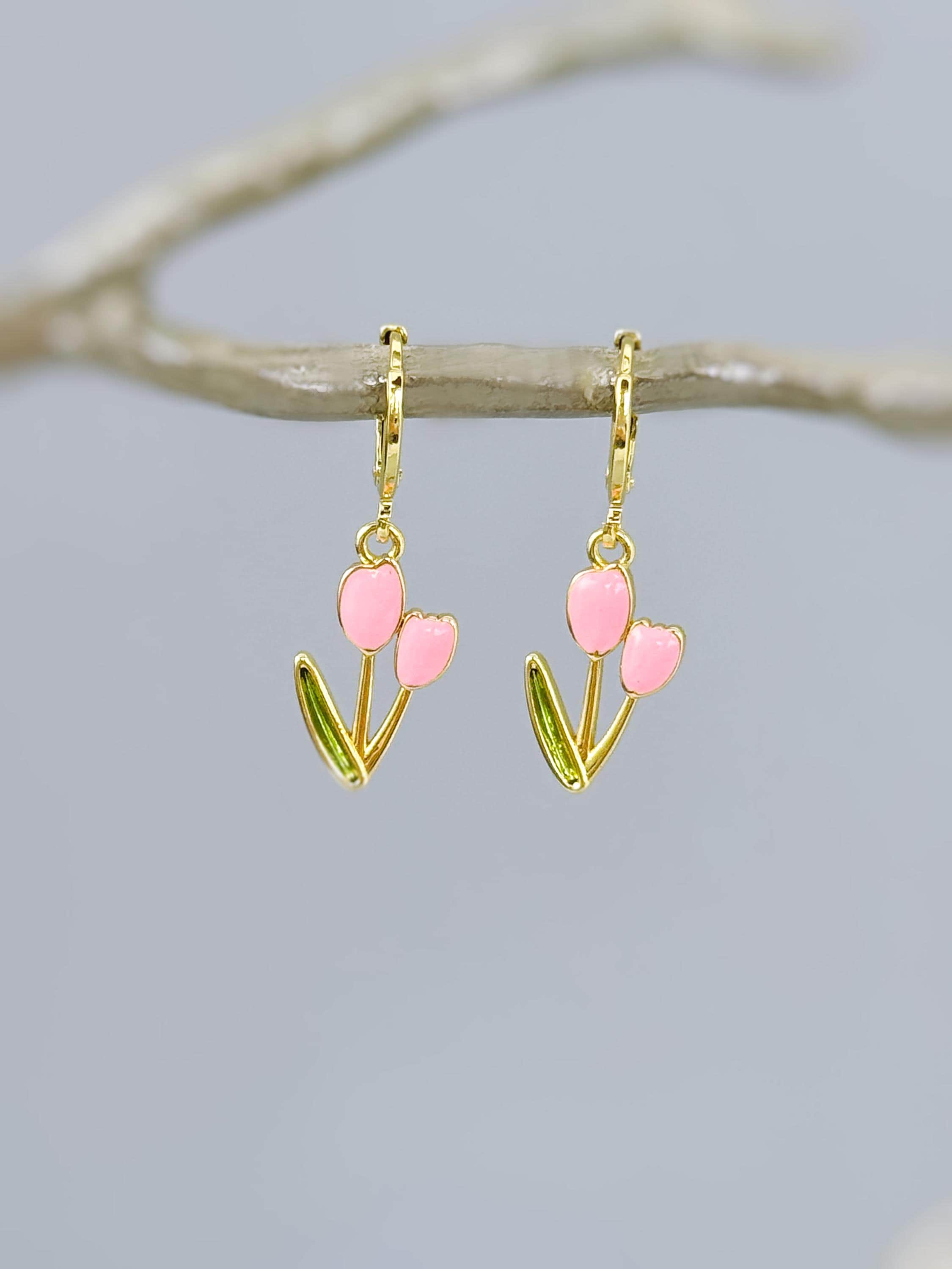 Pink Tulip Earrings Gold Dangle Huggie Hoops handmade colorful spring floral jewelry April Birthday birth flower gift for gardener, mom her