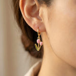 Pink Tulip Earrings Gold Dangle Huggie Hoops handmade colorful spring floral jewelry April Birthday birth flower gift for gardener, mom her