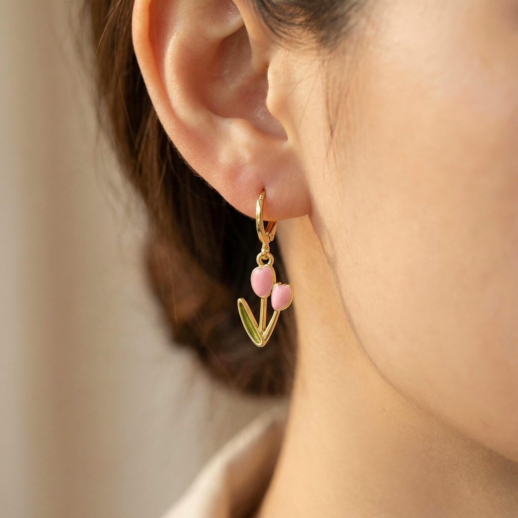 Pink Tulip Earrings Gold Dangle Huggie Hoops handmade colorful spring floral jewelry April Birthday birth flower gift for gardener, mom her