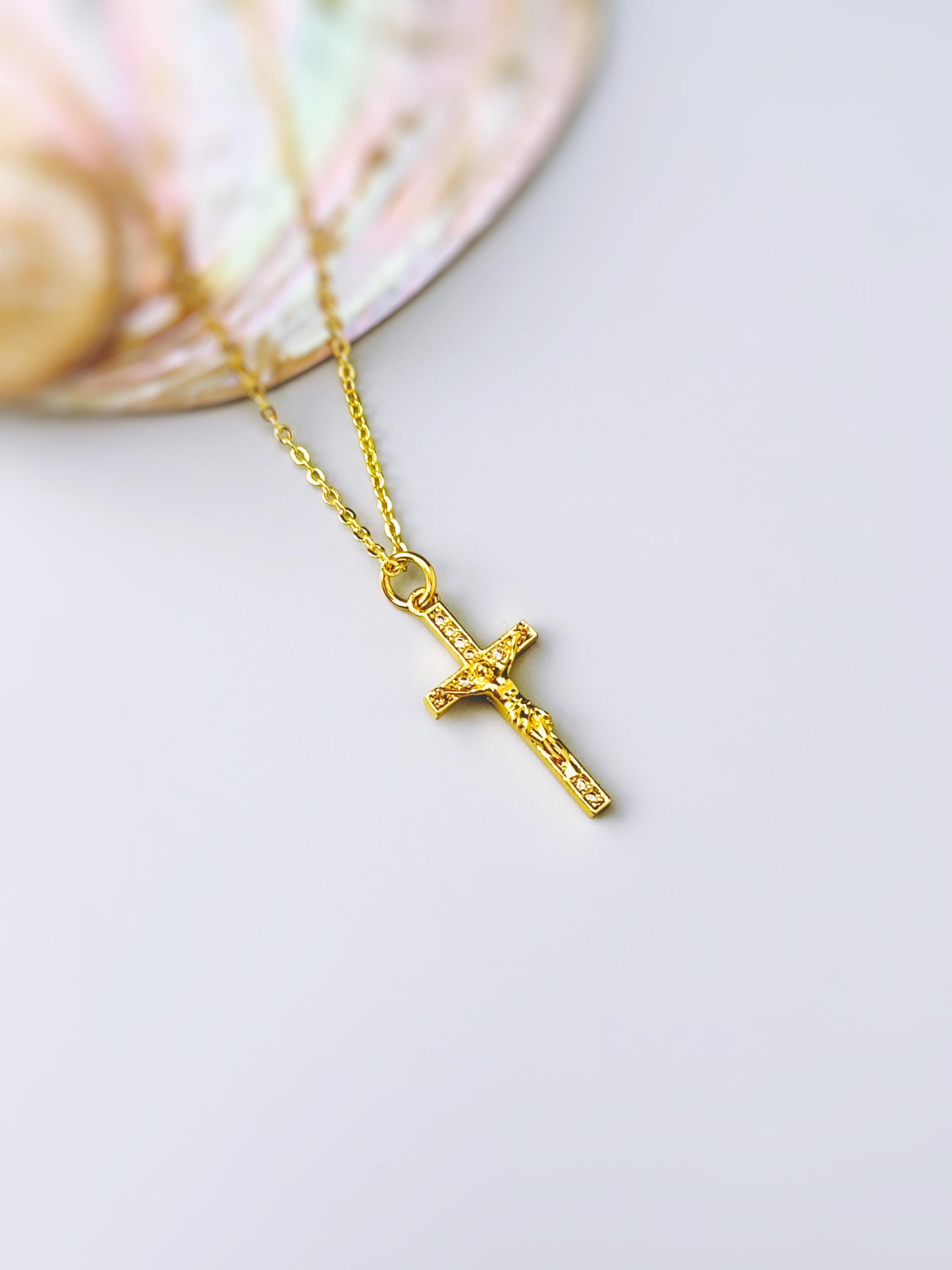 Crucifix Necklace Gold Dainty Catholic jewelry Jesus cross Christian faith necklace religious confirmation baptism Gift for her, daughter