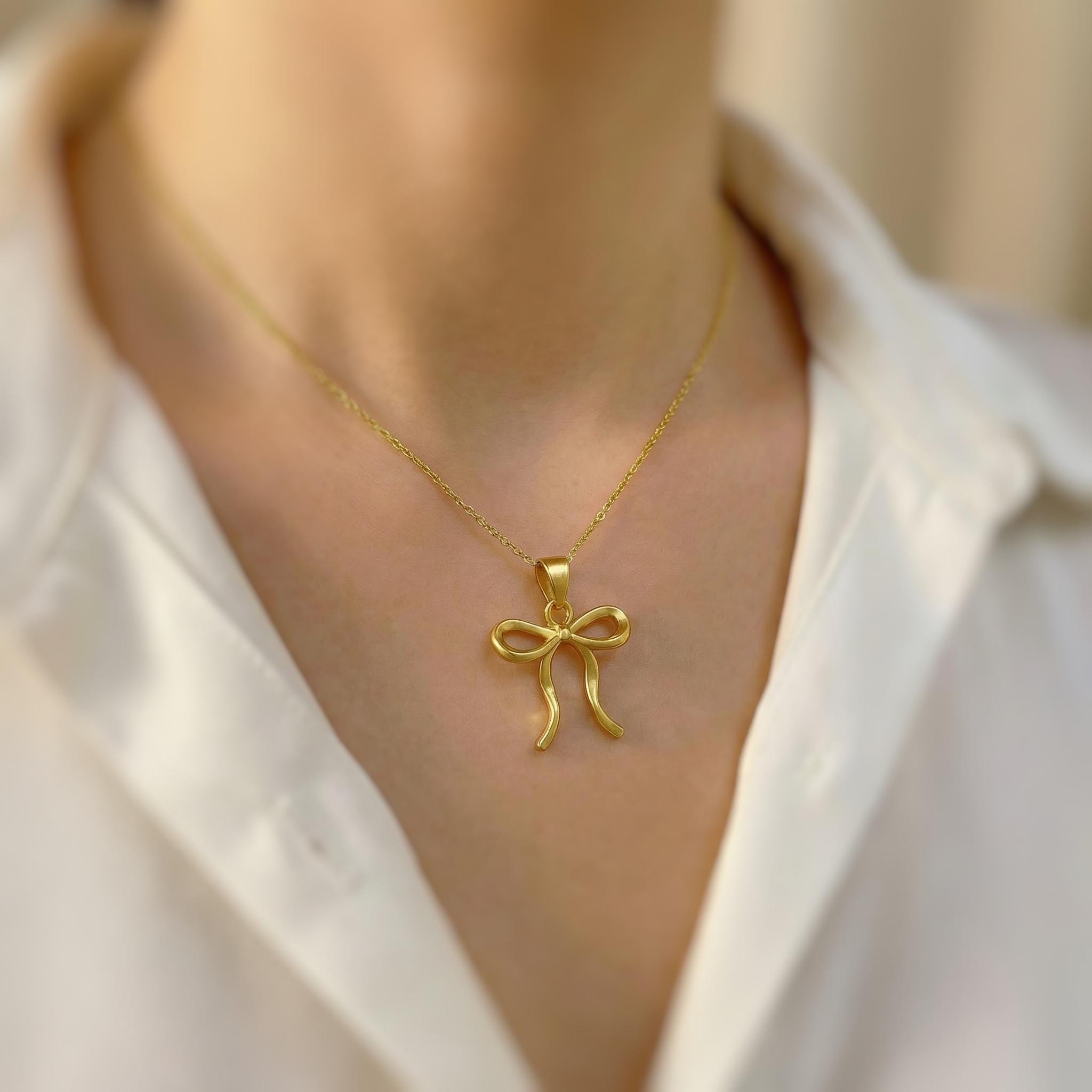 Ribbon Bow Necklace Gold, Silver pendant romantic coquette bowknot jewelry gift for girlfriend, wife feminine pendant necklace for women