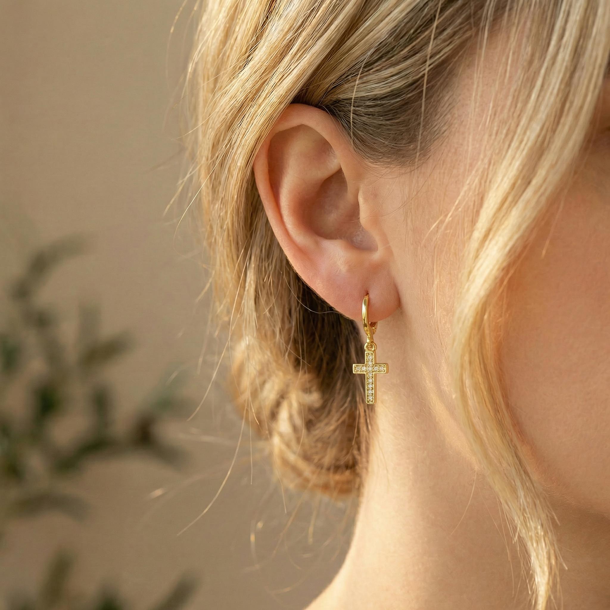 Dainty Gold Cross Earrings dangle huggie hoop minimalist crystal religious faith jewelry for her Christian baptism confirmation Easter gift