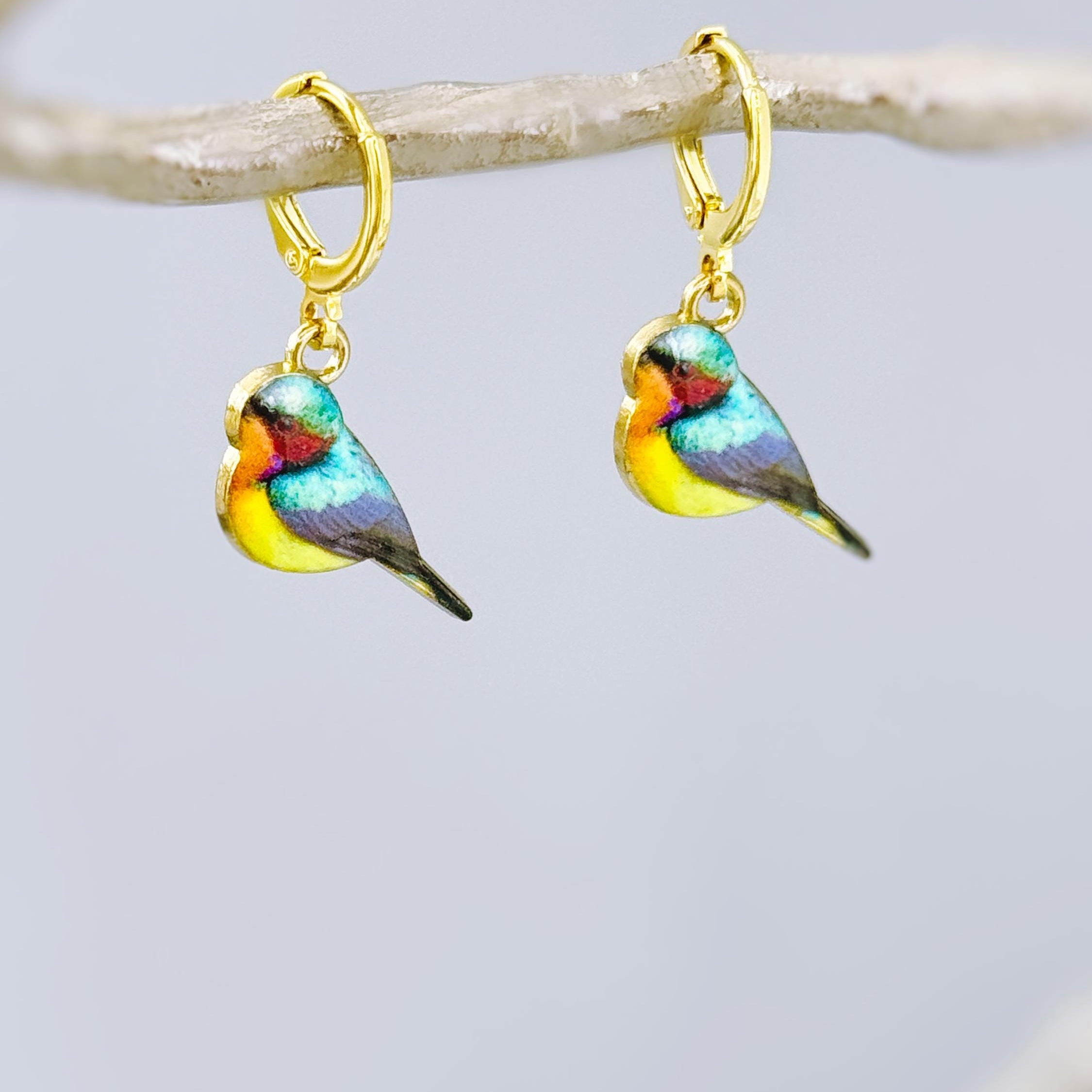 Colorful Bird Earrings Gold Dangle Huggie Hoops tiny charm handmade spring nature jewelry gift for bird lover watcher, gardener, mom her