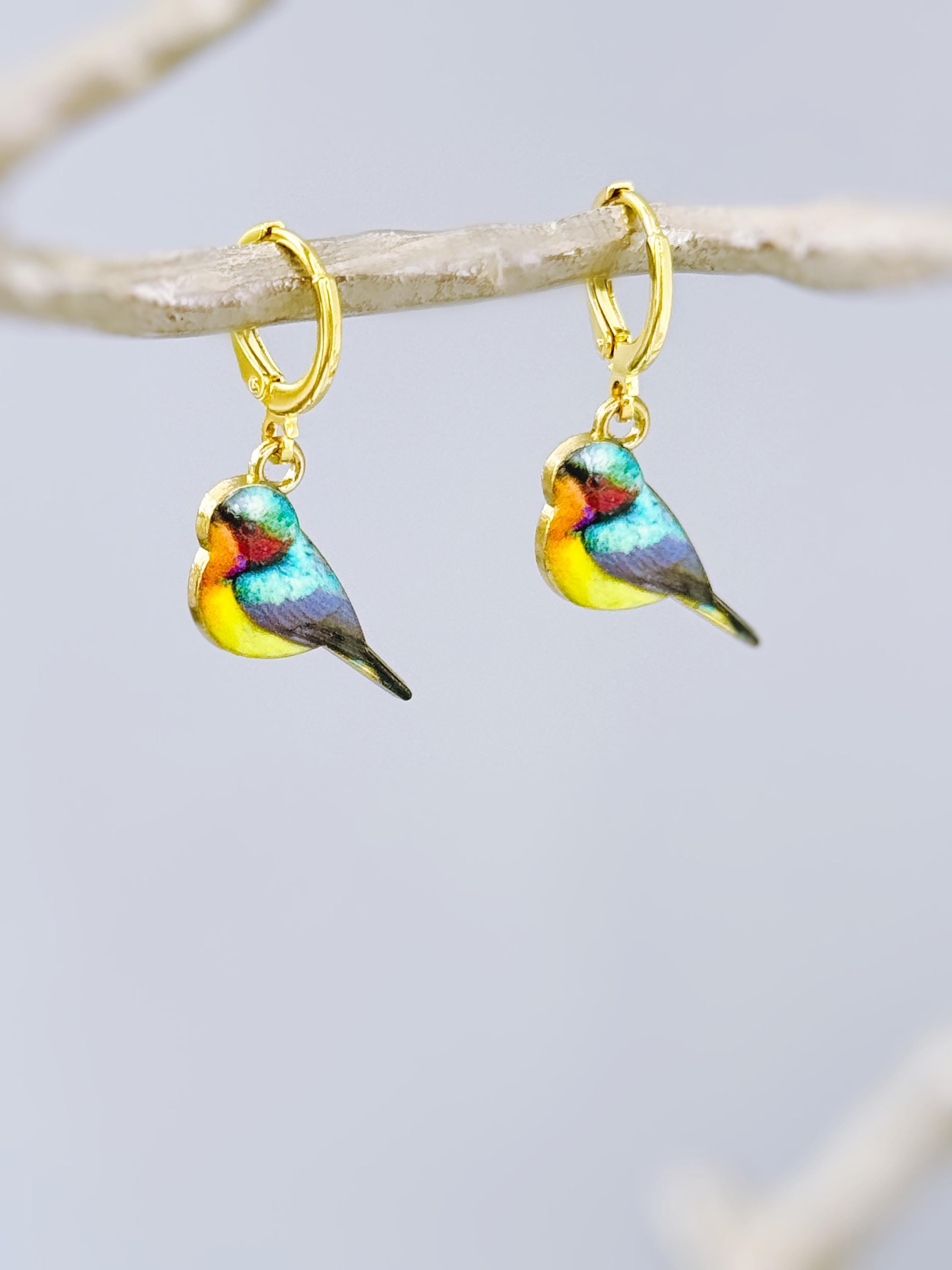 Colorful Bird Earrings Gold Dangle Huggie Hoops tiny charm handmade spring nature jewelry gift for bird lover watcher, gardener, mom her