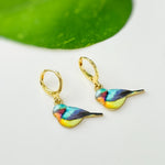 Colorful Bird Earrings Gold Dangle Huggie Hoops tiny charm handmade spring nature jewelry gift for bird lover watcher, gardener, mom her