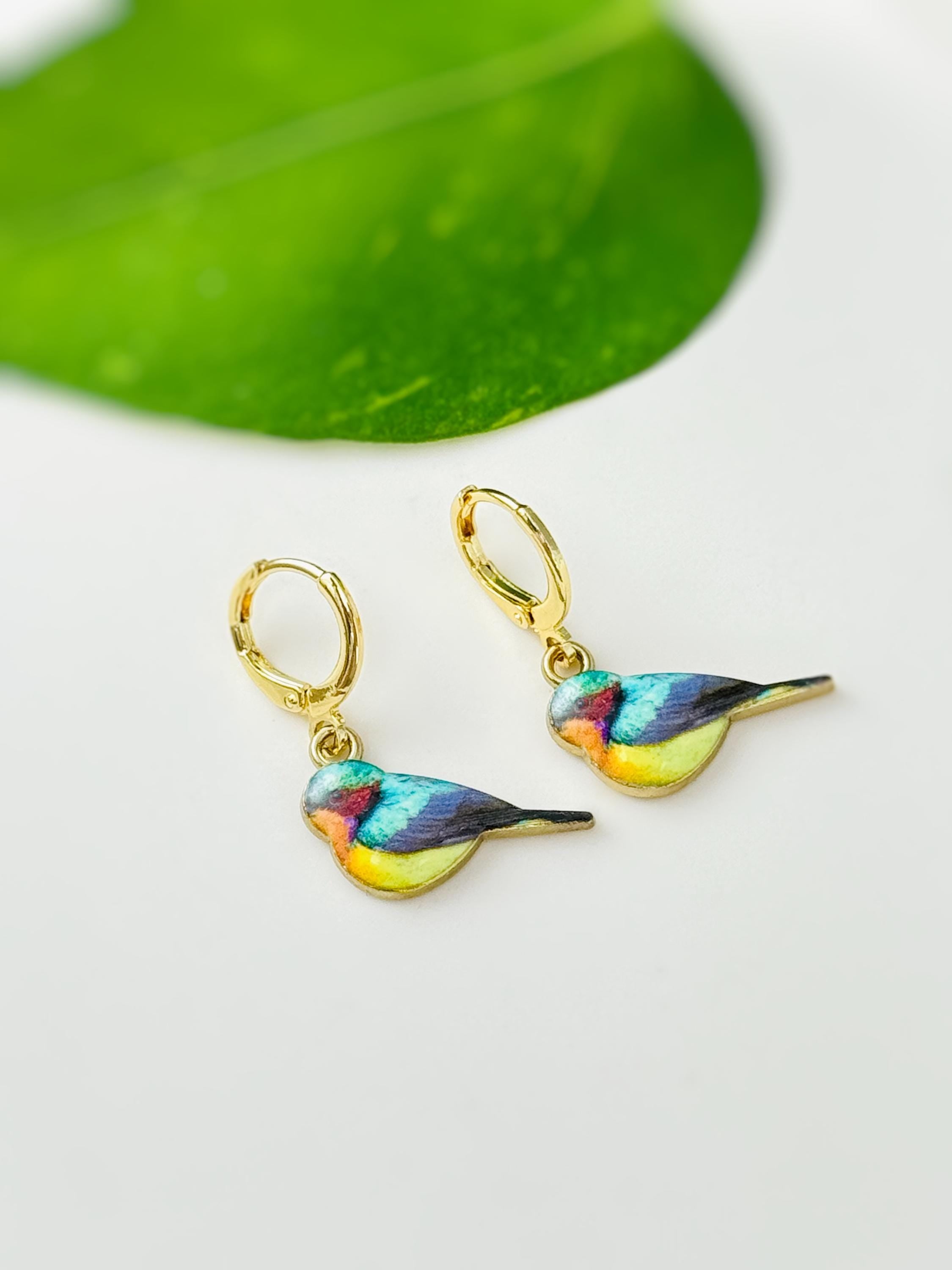 Colorful Bird Earrings Gold Dangle Huggie Hoops tiny charm handmade spring nature jewelry gift for bird lover watcher, gardener, mom her