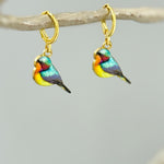 Colorful Bird Earrings Gold Dangle Huggie Hoops tiny charm handmade spring nature jewelry gift for bird lover watcher, gardener, mom her