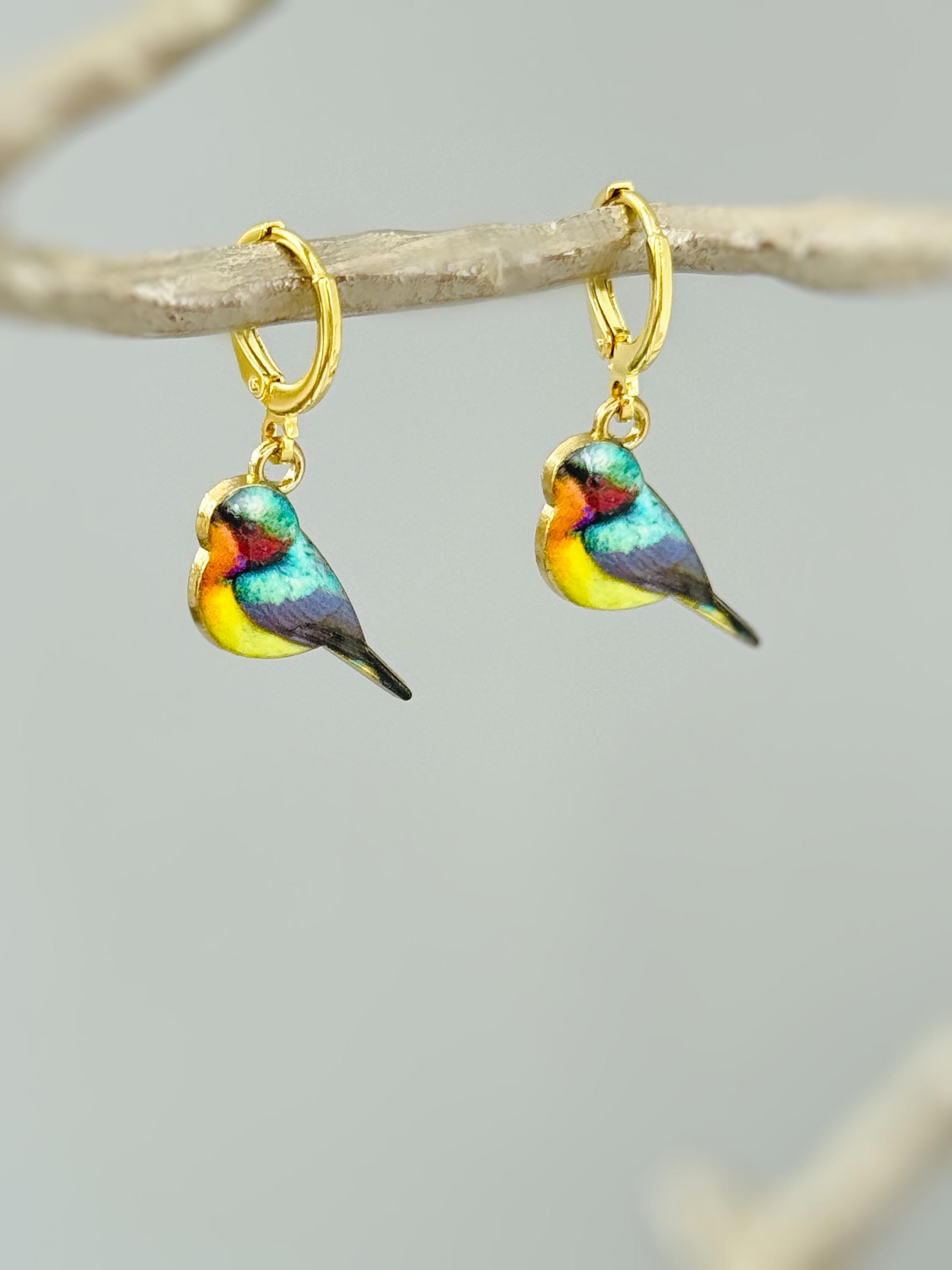 Colorful Bird Earrings Gold Dangle Huggie Hoops tiny charm handmade spring nature jewelry gift for bird lover watcher, gardener, mom her