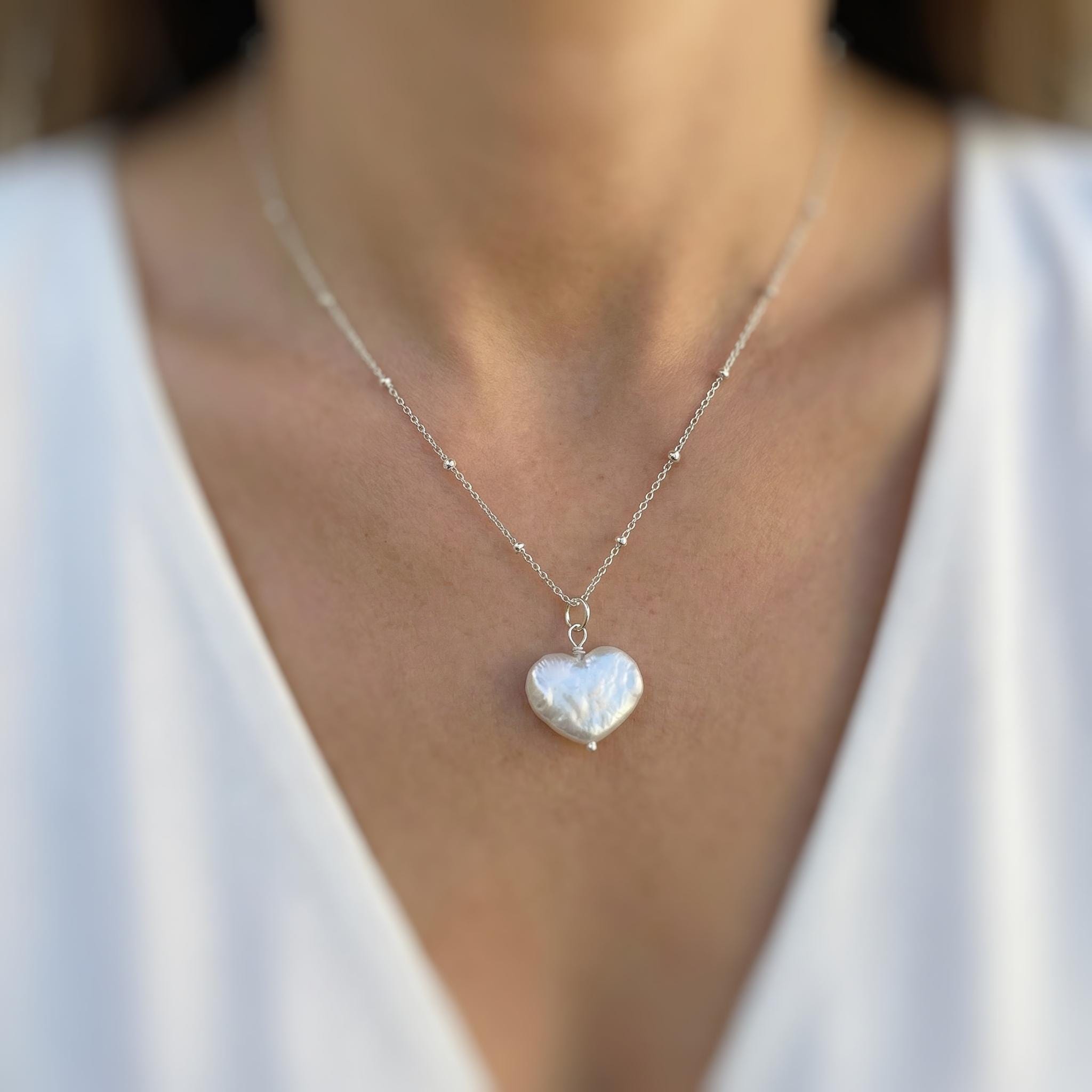 Baroque Pearl Heart Necklace Sterling Silver dainty real freshwater pearl necklace for women single June birthstone gift for mom wedding jewelry gift for bridesmaids.