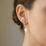 Dainty Mother of Pearl Cross Hoop Earrings Gold, Silver minimalist religious faith jewelry for women Christian baptism confirmation gift mom