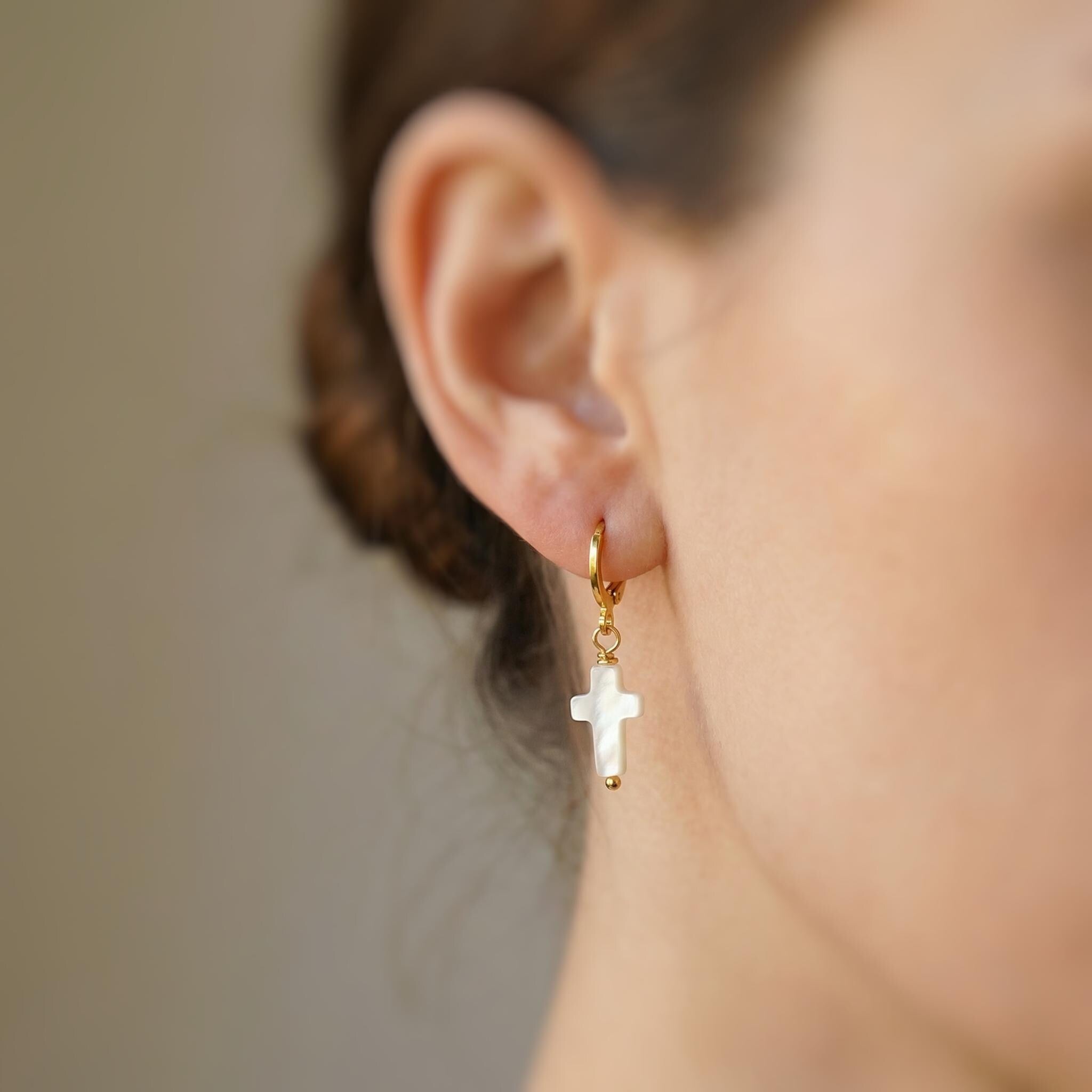 Dainty Mother of Pearl Cross Hoop Earrings Gold, Silver minimalist religious faith jewelry for women Christian baptism confirmation gift mom