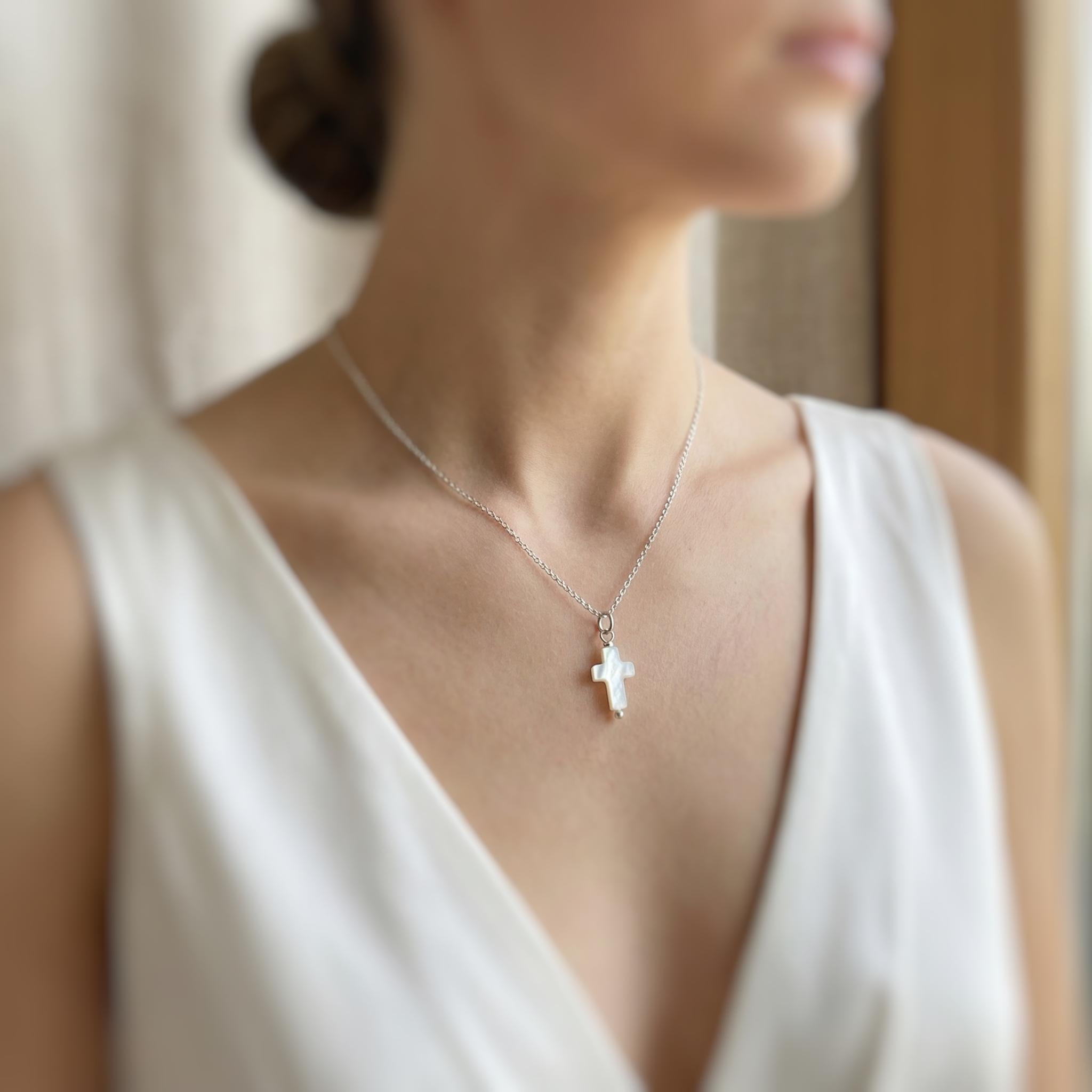Dainty Mother of Pearl Cross Hoop Earrings Gold, Silver minimalist religious faith jewelry for women Christian baptism confirmation gift mom