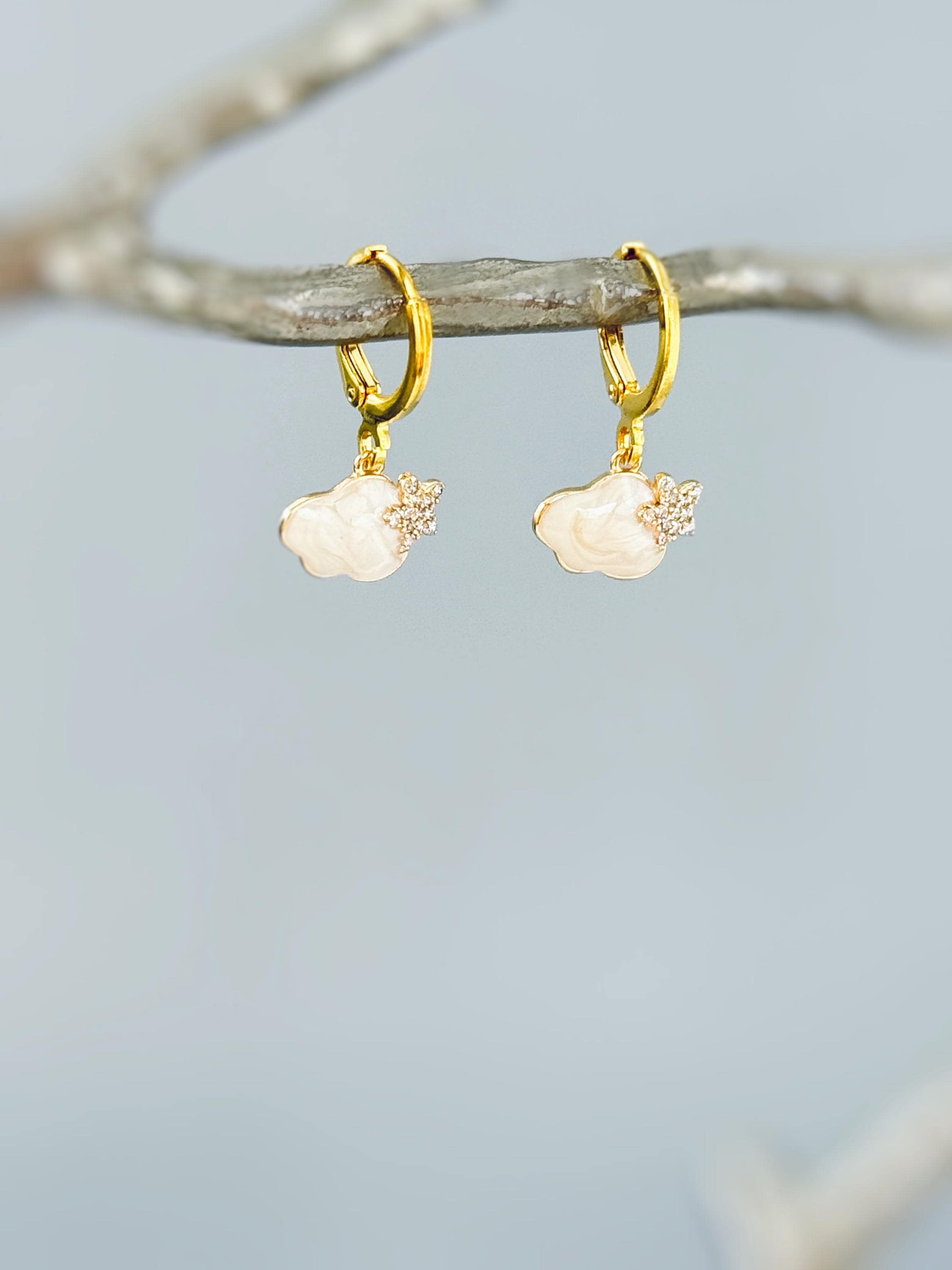 Dainty Cloud Earrings dangle Gold Huggie Hoops handmade elegant jewelry unique celestial earrings gift for nature lovers, sister, friend mom