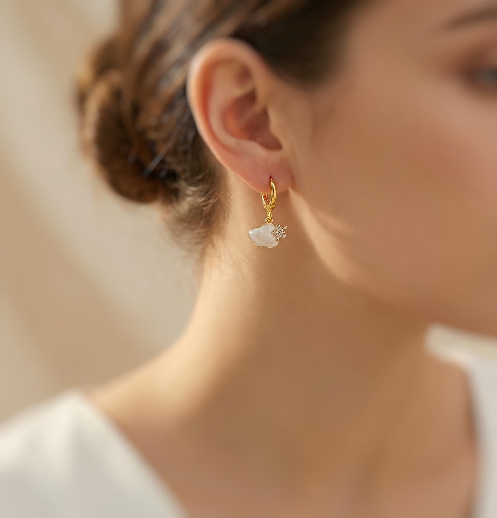 Dainty Cloud Earrings dangle Gold Huggie Hoops handmade elegant jewelry unique celestial earrings gift for nature lovers, sister, friend mom