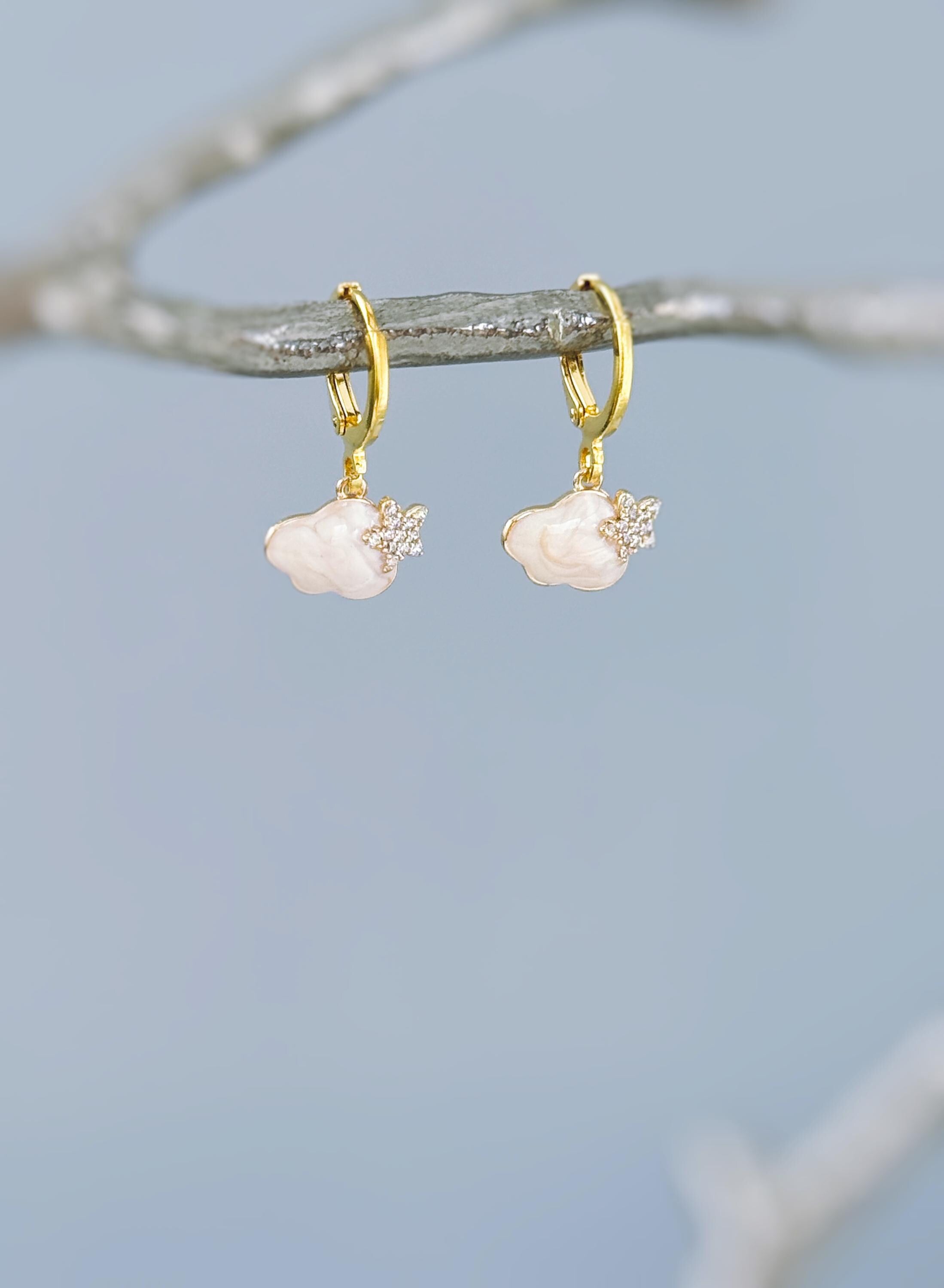 Dainty Cloud Earrings dangle Gold Huggie Hoops handmade elegant jewelry unique celestial earrings gift for nature lovers, sister, friend mom
