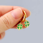 Lucky Four Leaf Clover Earrings Dangle Gold, Silver Huggie Hoops Crystal charm Emerald Green Shamrock Irish jewelry colorful St Patricks day gift for her, women friend sister