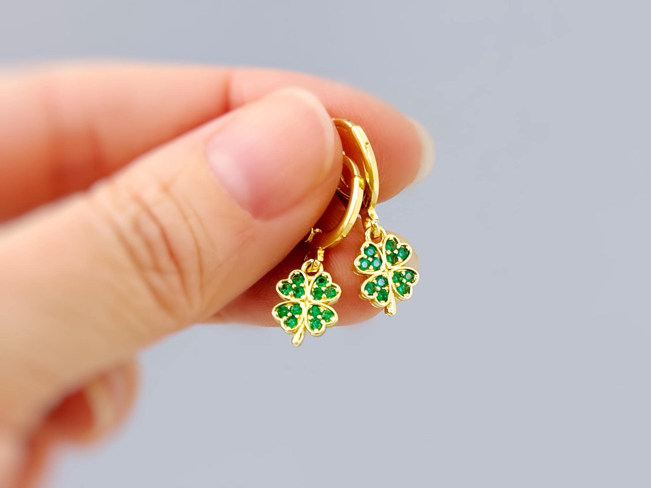 Lucky Four Leaf Clover Earrings Dangle Gold, Silver Huggie Hoops Crystal charm Emerald Green Shamrock Irish jewelry colorful St Patricks day gift for her, women friend sister