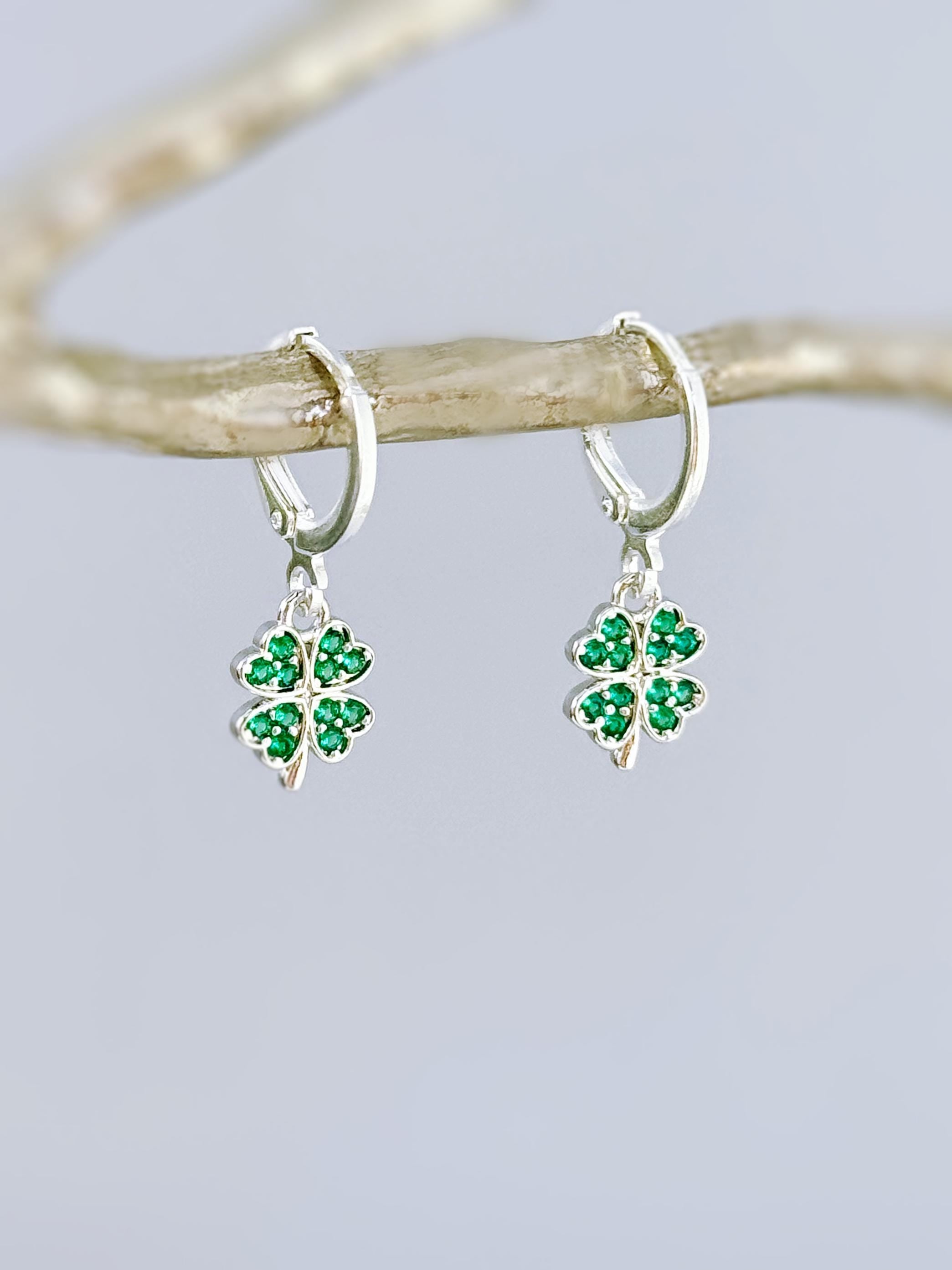 Lucky Four Leaf Clover Earrings Dangle Silver, Gold, Huggie Hoops Crystal charm Emerald Green Shamrock Irish jewelry colorful St Patricks day gift for her, women friend sister