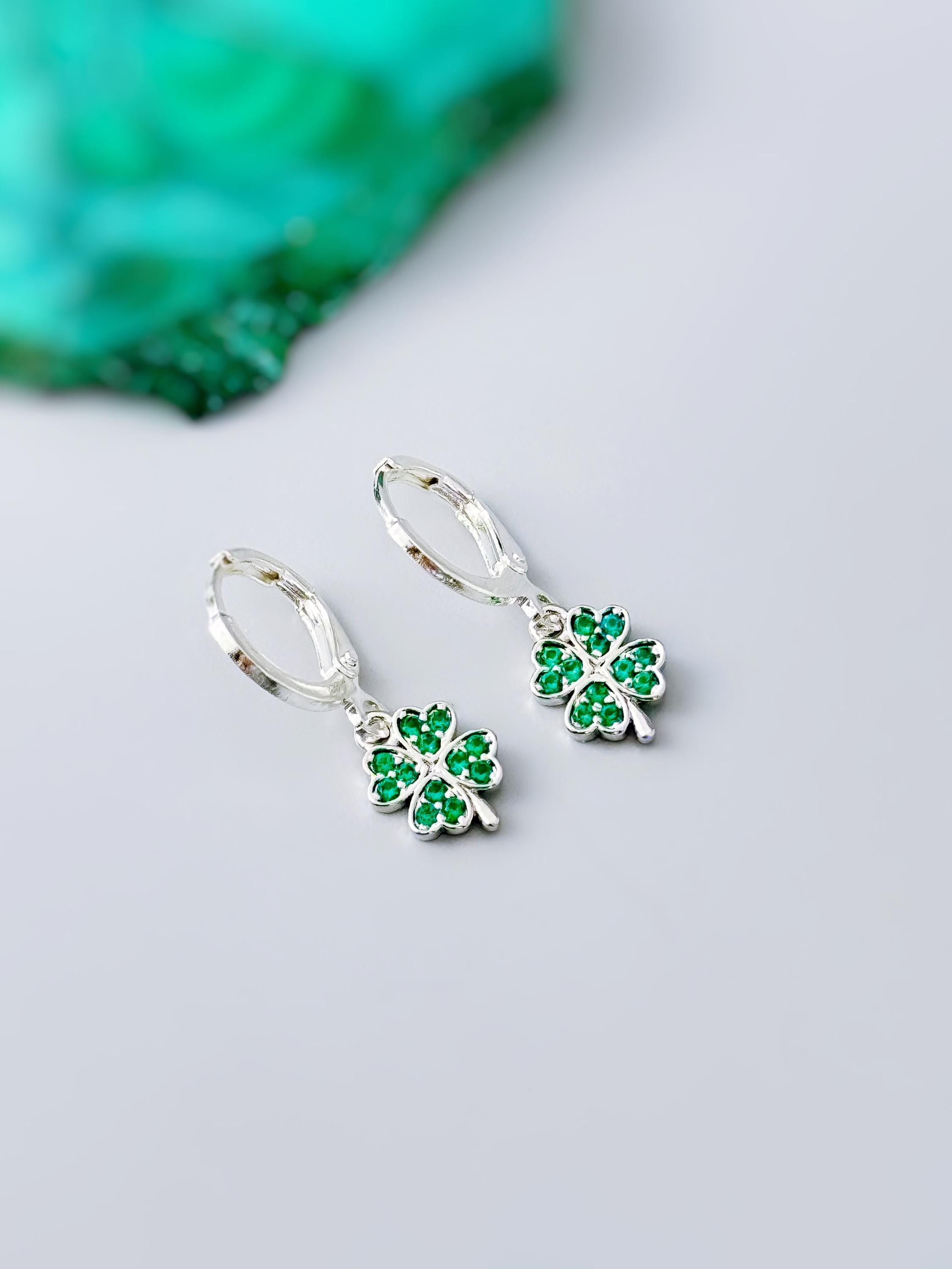 Lucky Four Leaf Clover Earrings Dangle Silver, Gold, Huggie Hoops Crystal charm Emerald Green Shamrock Irish jewelry colorful St Patricks day gift for her, women friend sister
