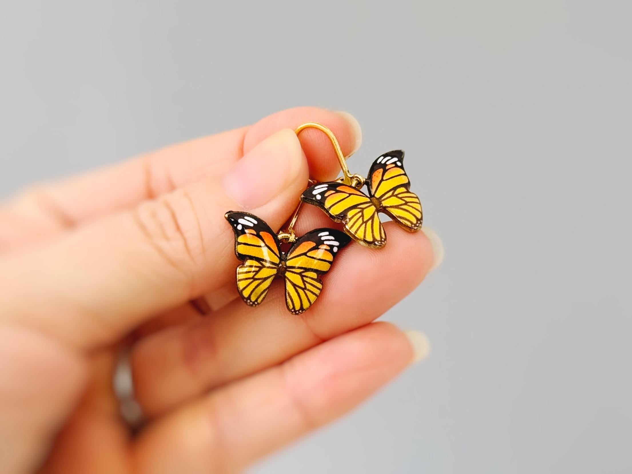 Monarch Butterfly Earrings Dangle 18k Gold Handmade Colorful Spring Summer Jewelry gifts for gardener, mothers day, insect nature lover, mom