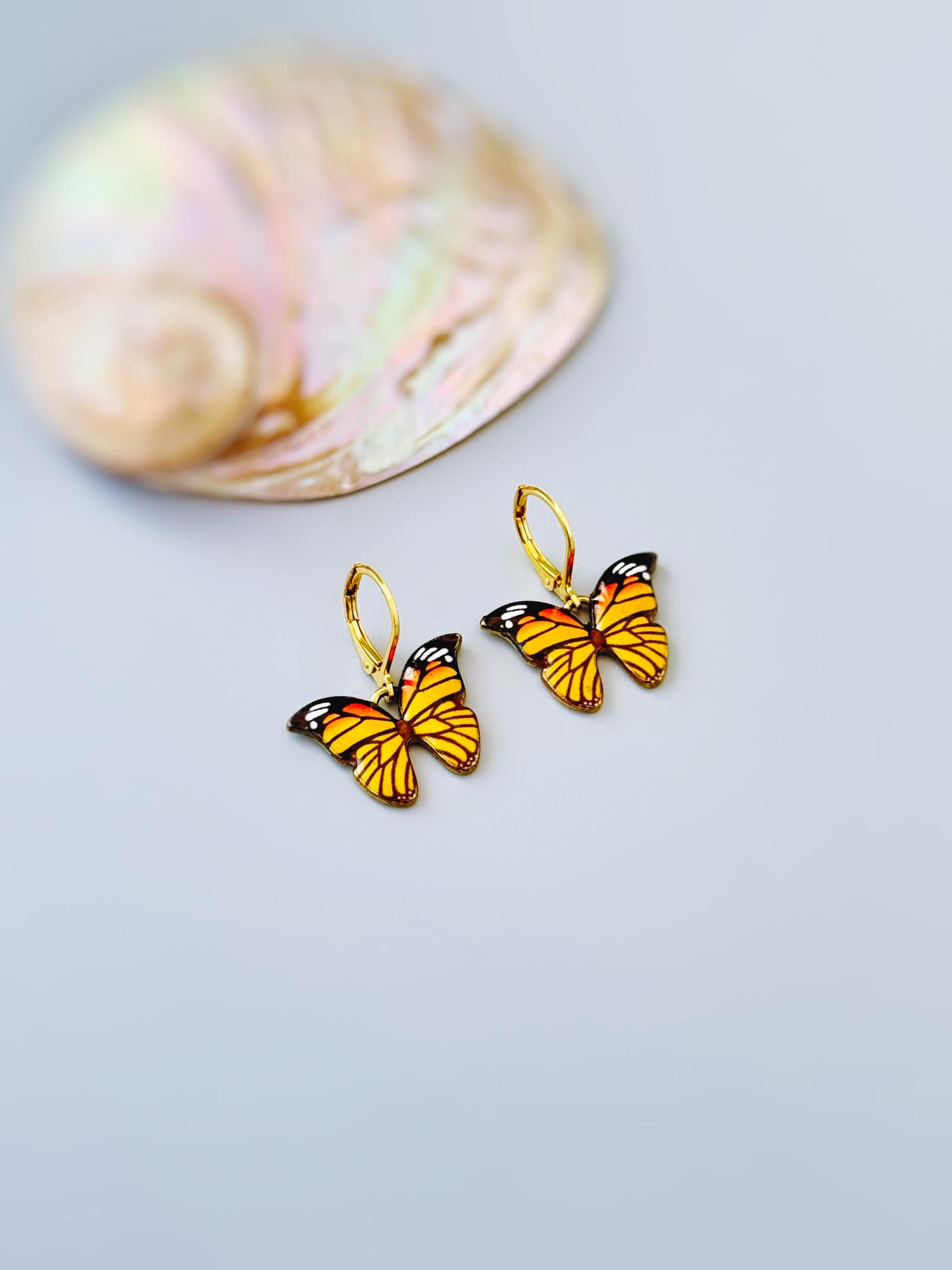Purple Butterfly Earrings Dangle Gold Handmade Colorful Spring Summer Jewelry gifts for gardener, mothers day, insect, nature lover, mom