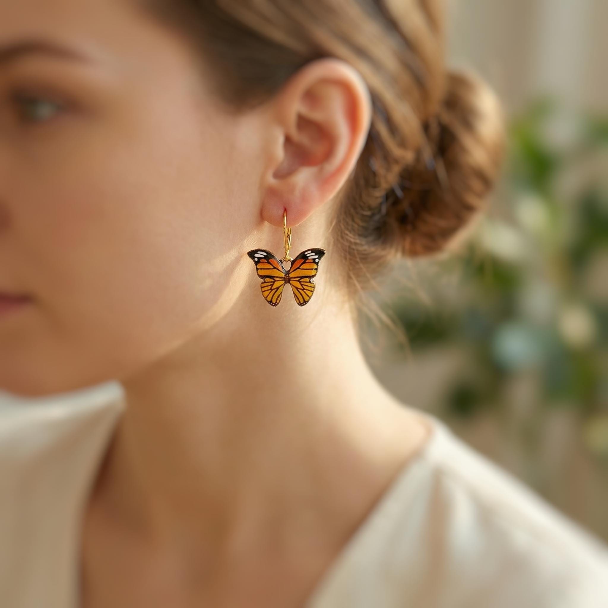 Blue Butterfly Earrings Dangle Gold Handmade Colorful Spring Summer Jewelry gifts for gardener, mothers day, insect, nature lover, mom