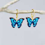 Blue Butterfly Earrings Dangle Gold Handmade Colorful Spring Summer Jewelry gifts for gardener, mothers day, insect, nature lover, mom