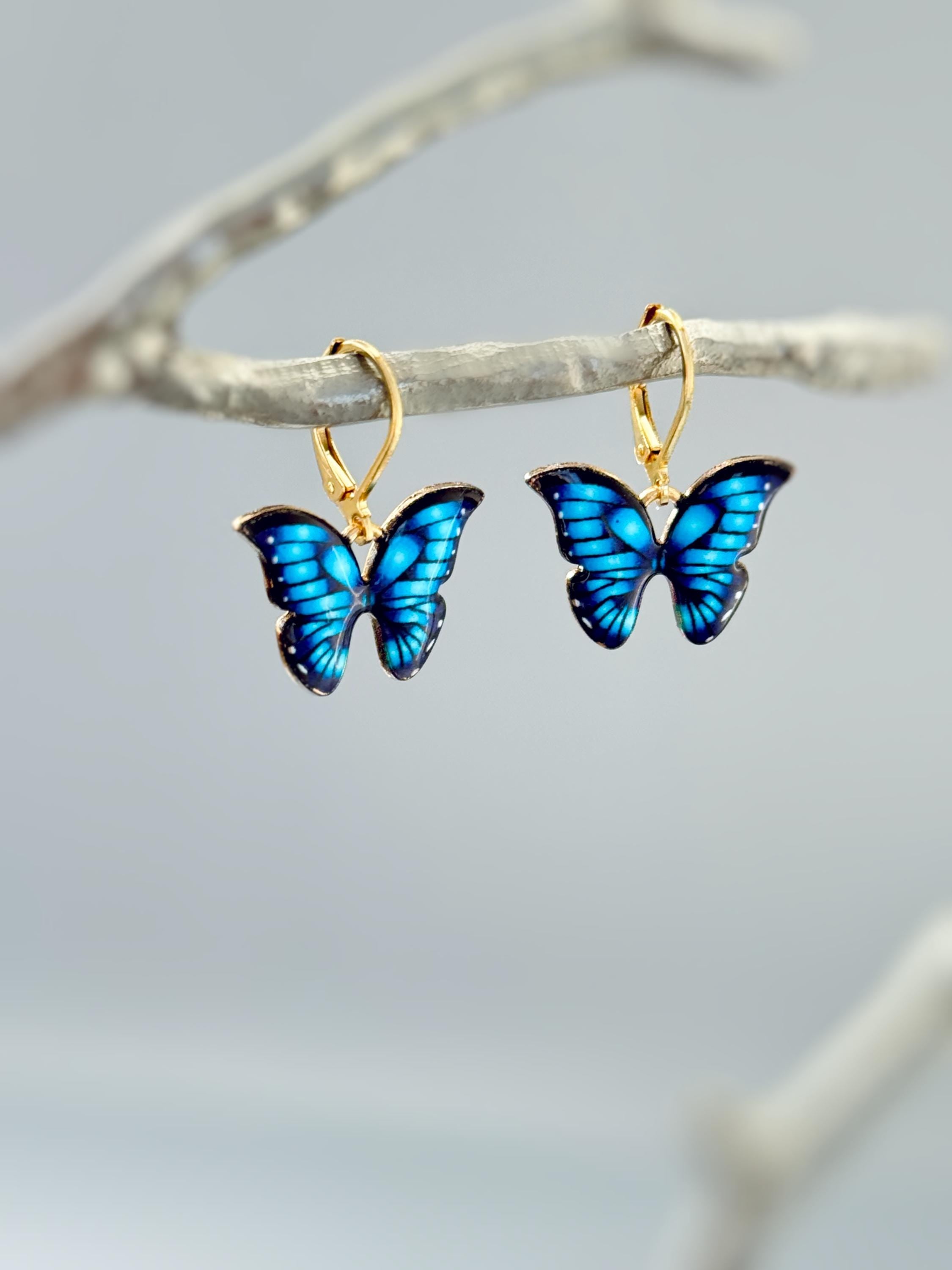 Blue Butterfly Earrings Dangle Gold Handmade Colorful Spring Summer Jewelry gifts for gardener, mothers day, insect, nature lover, mom