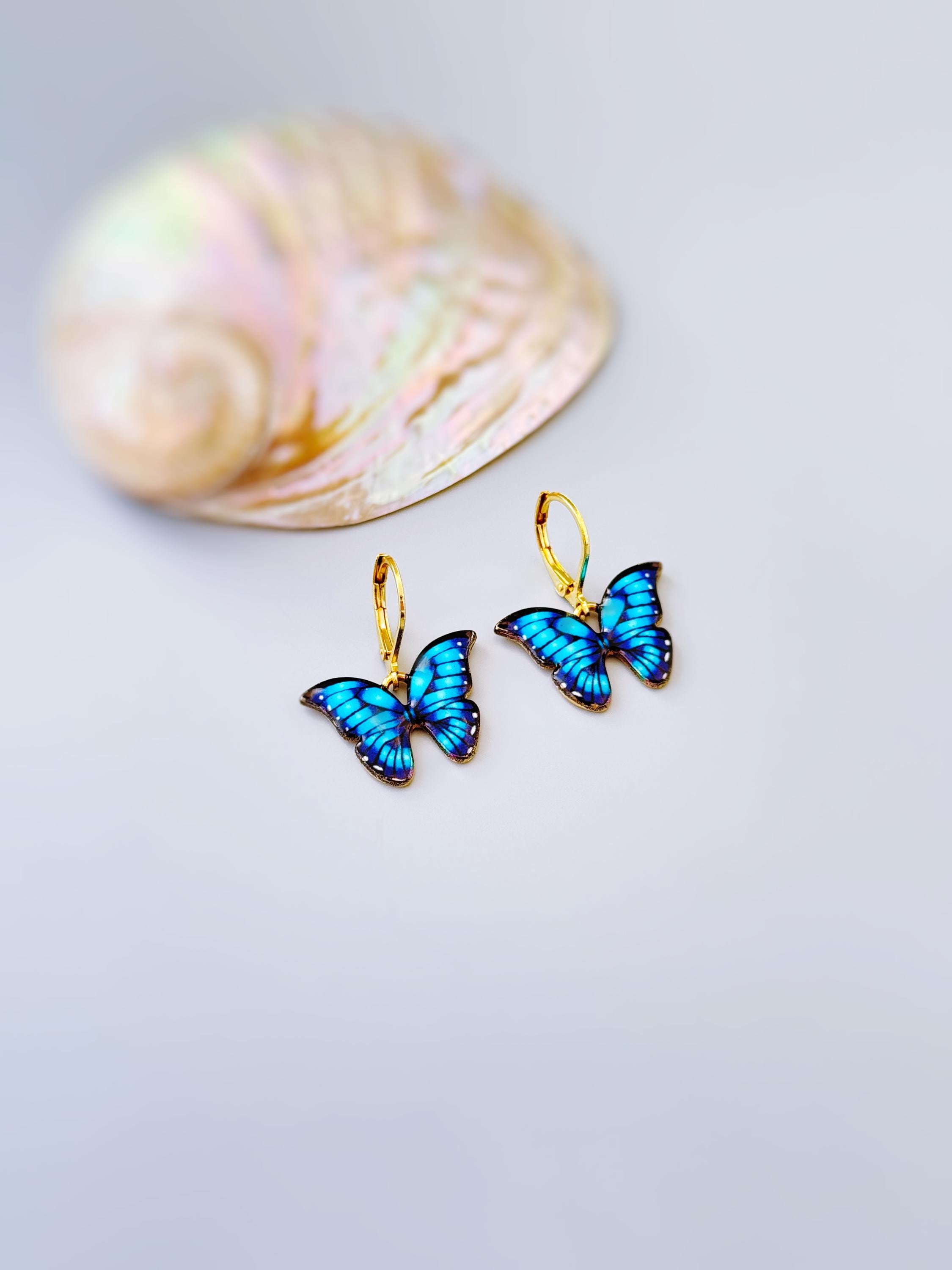 Blue Butterfly Earrings Dangle Gold Handmade Colorful Spring Summer Jewelry gifts for gardener, mothers day, insect, nature lover, mom