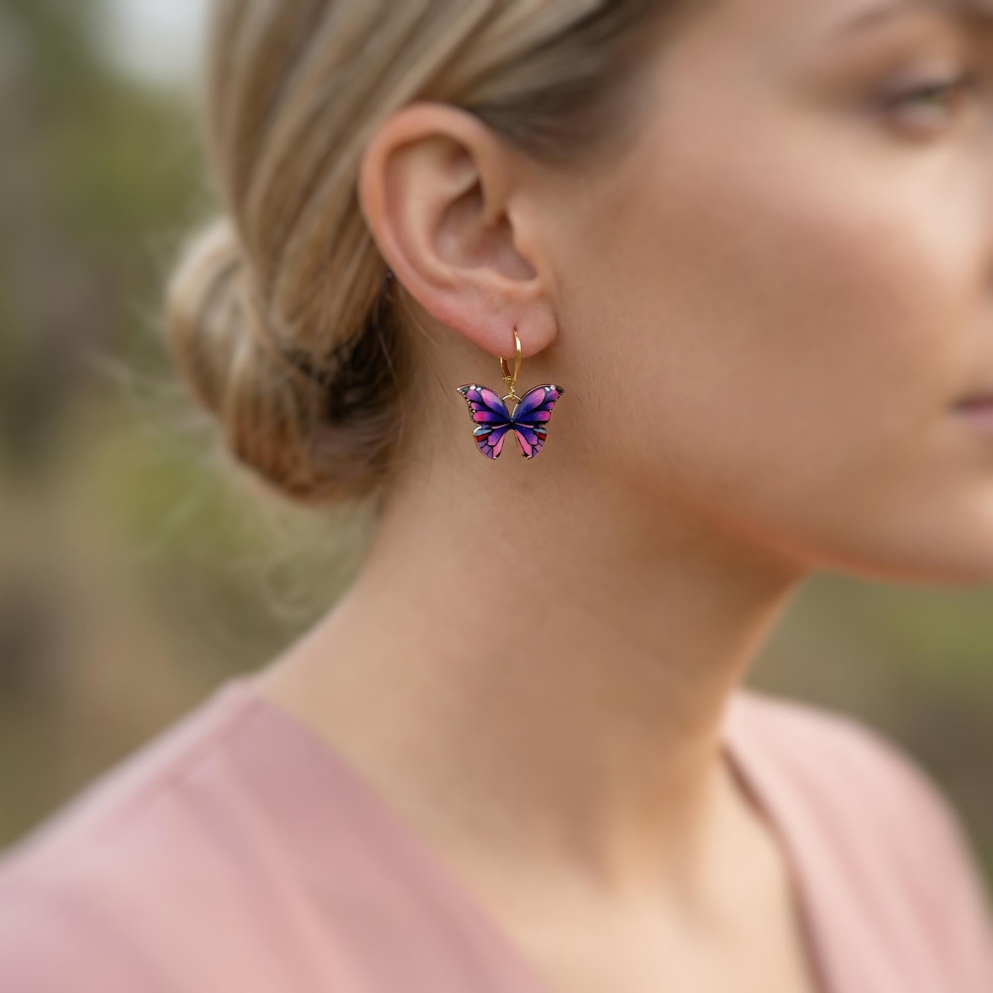 Blue Butterfly Earrings Dangle Gold Handmade Colorful Spring Summer Jewelry gifts for gardener, mothers day, insect, nature lover, mom