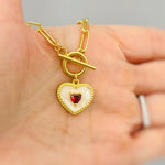 Romantic Heart Necklace Gold, paperclip chain toggle clasp dainty garnet necklace for women January birthstone gift for Mom Valentines Day
