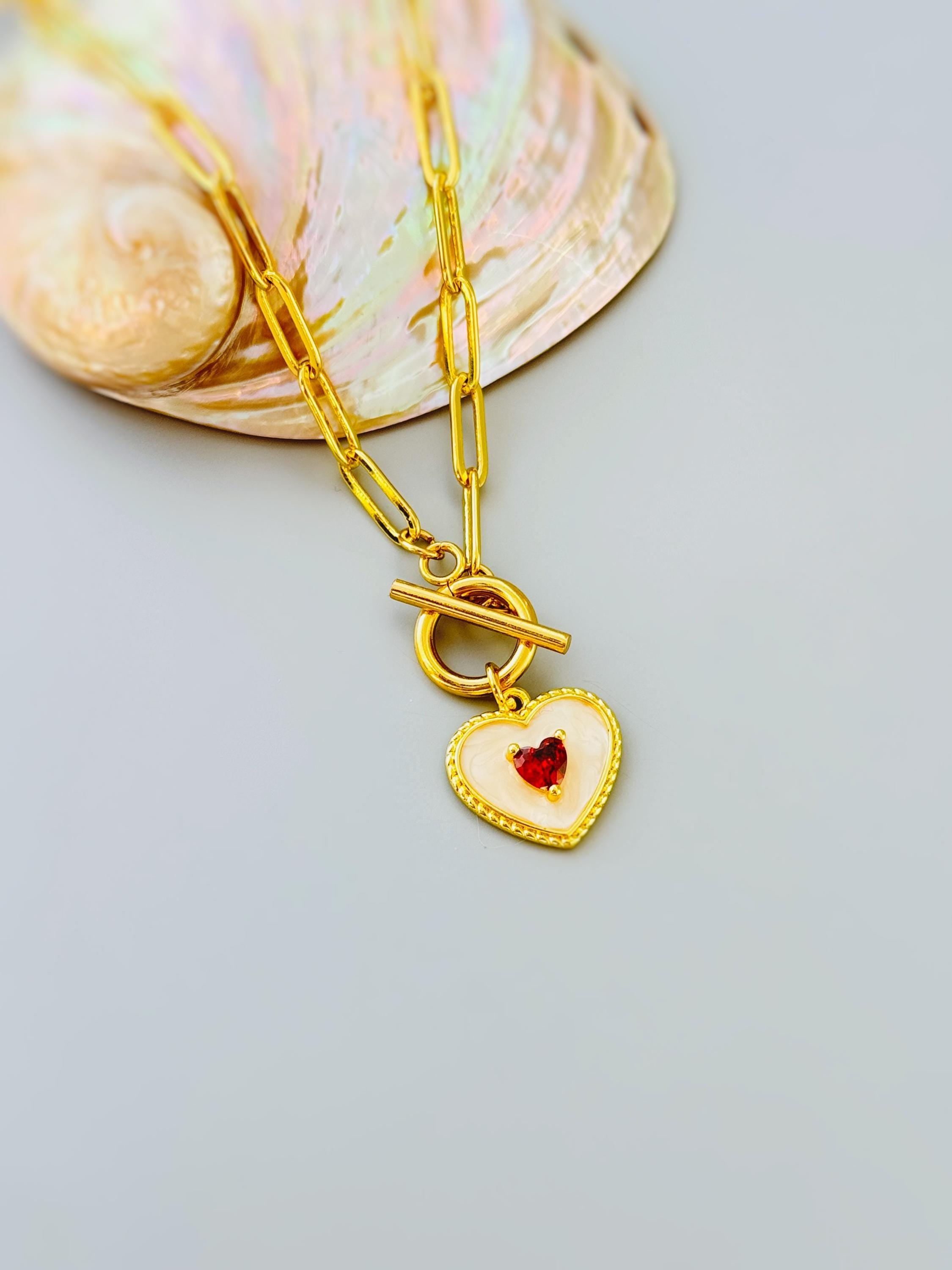 Romantic Heart Necklace Gold, paperclip chain toggle clasp dainty garnet necklace for women January birthstone gift for Mom Valentines Day