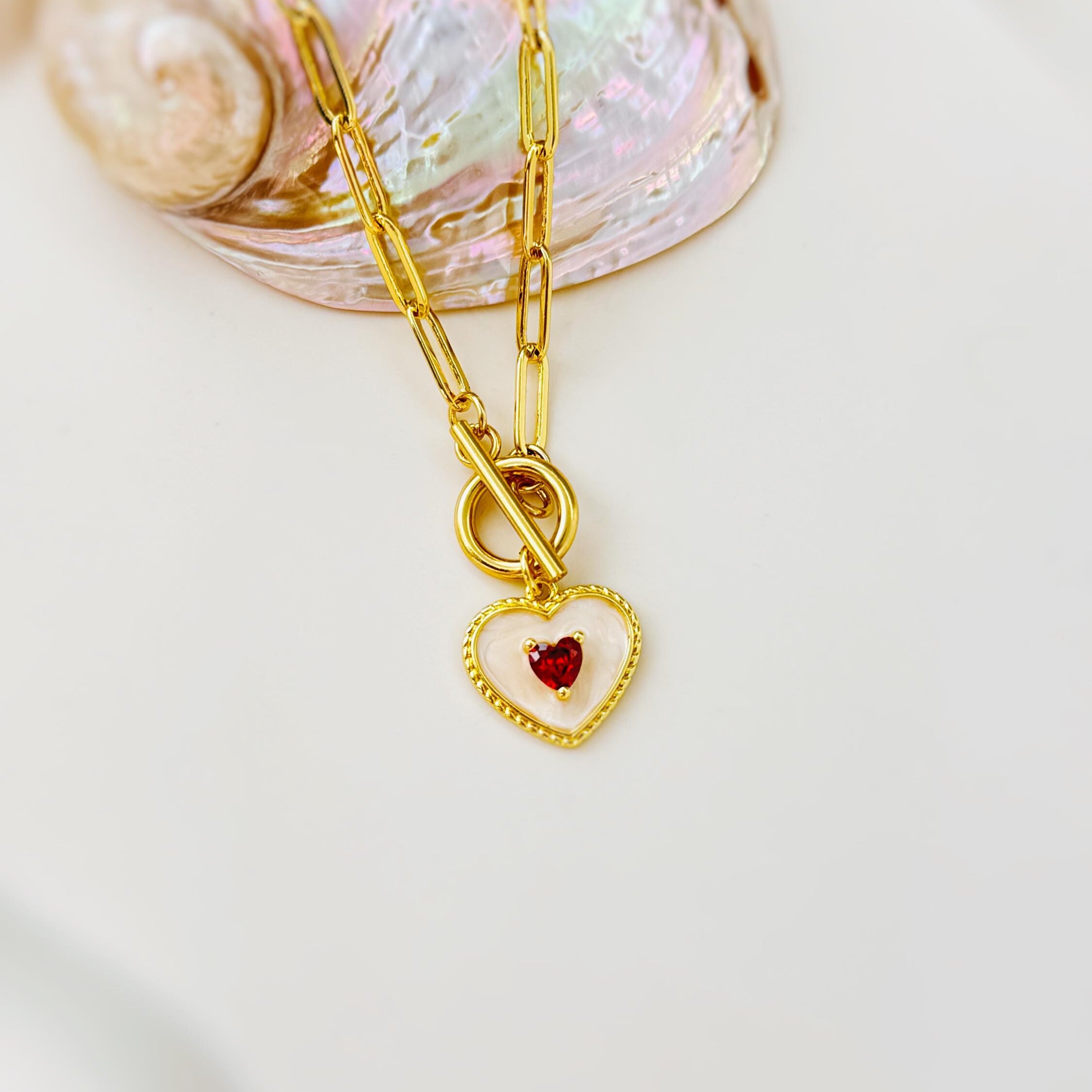 Romantic Heart Necklace Gold, paperclip chain toggle clasp dainty garnet necklace for women January birthstone gift for Mom Valentines Day