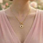 Romantic Heart Necklace Gold, paperclip chain toggle clasp dainty garnet necklace for women January birthstone gift for Mom Valentines Day