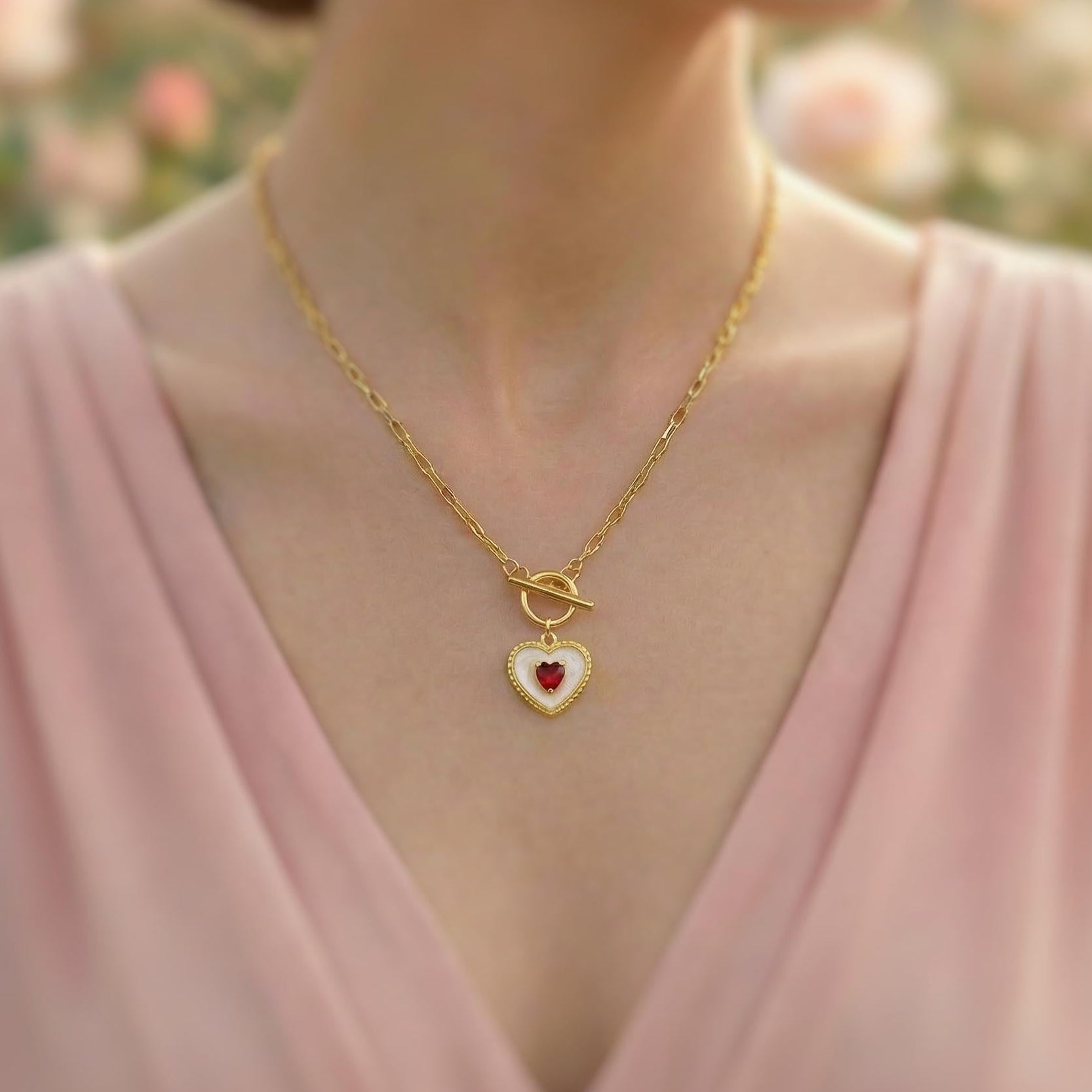 Romantic Heart Necklace Gold, paperclip chain toggle clasp dainty garnet necklace for women January birthstone gift for Mom Valentines Day