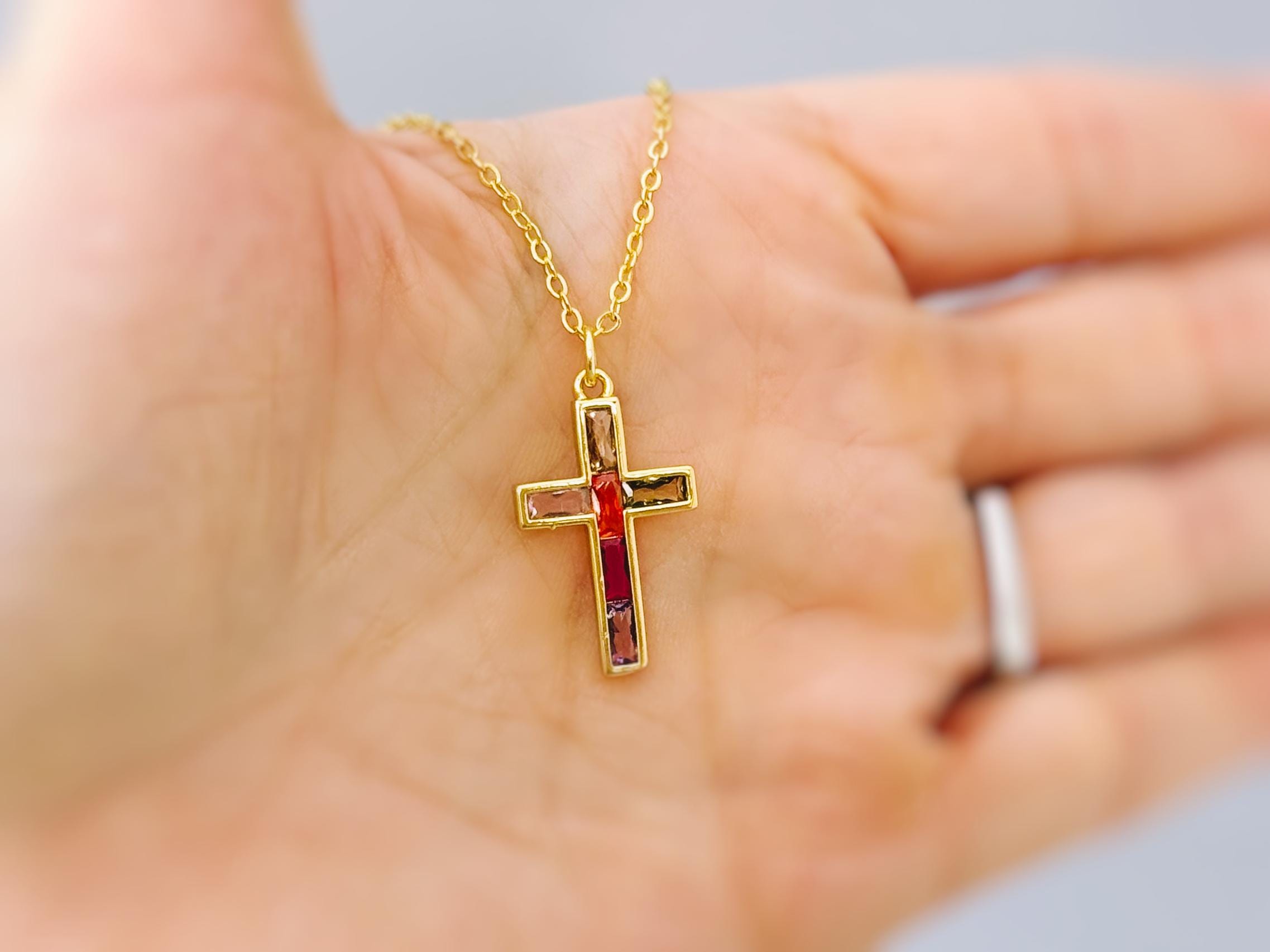 Dainty Gold Cross Necklace for women colorful handmade gemstone jewelry Christian faith necklace baptism communion religious Easter gift her