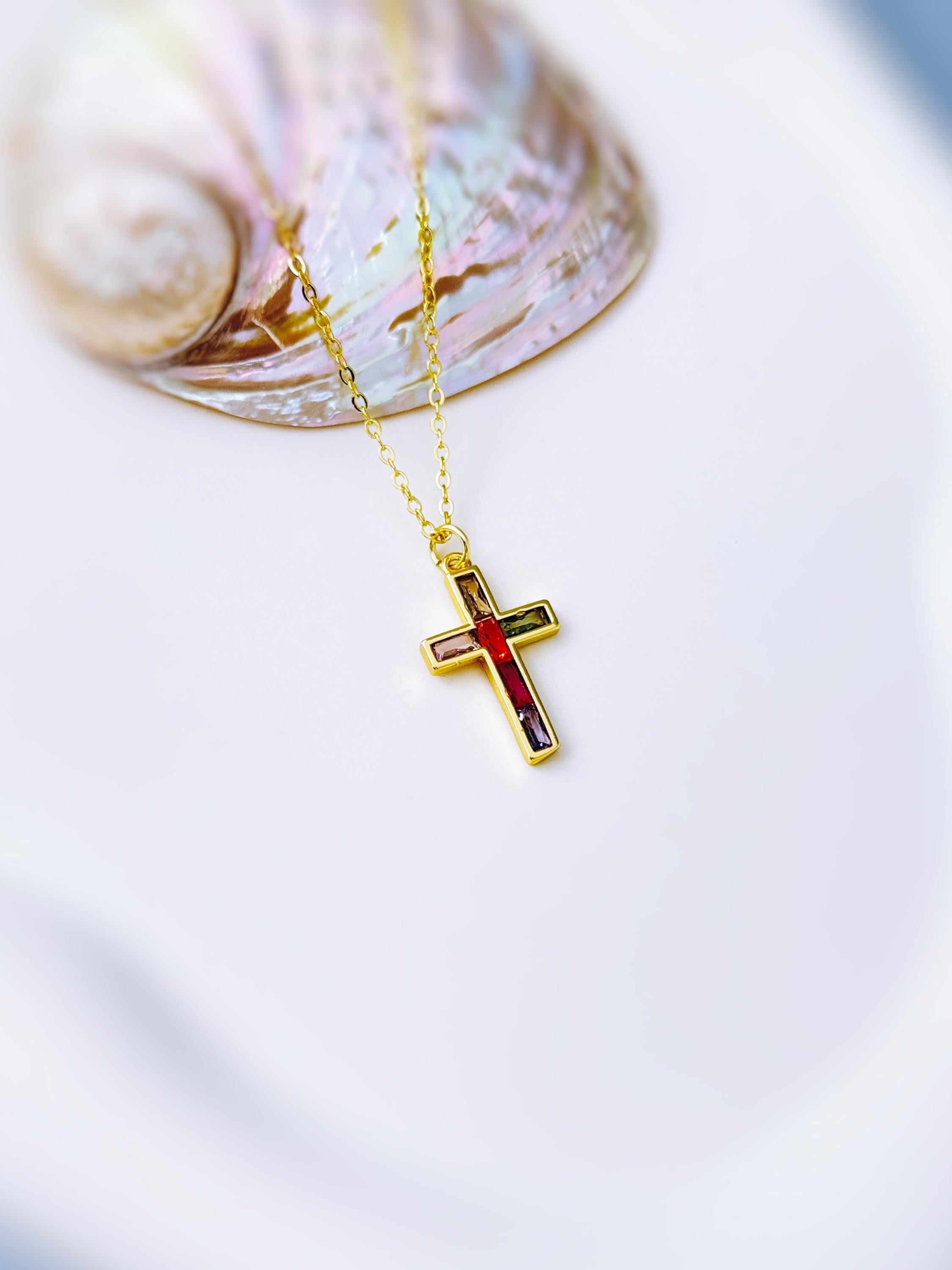 Dainty Gold Cross Necklace for women colorful handmade gemstone jewelry Christian faith necklace baptism communion religious Easter gift her