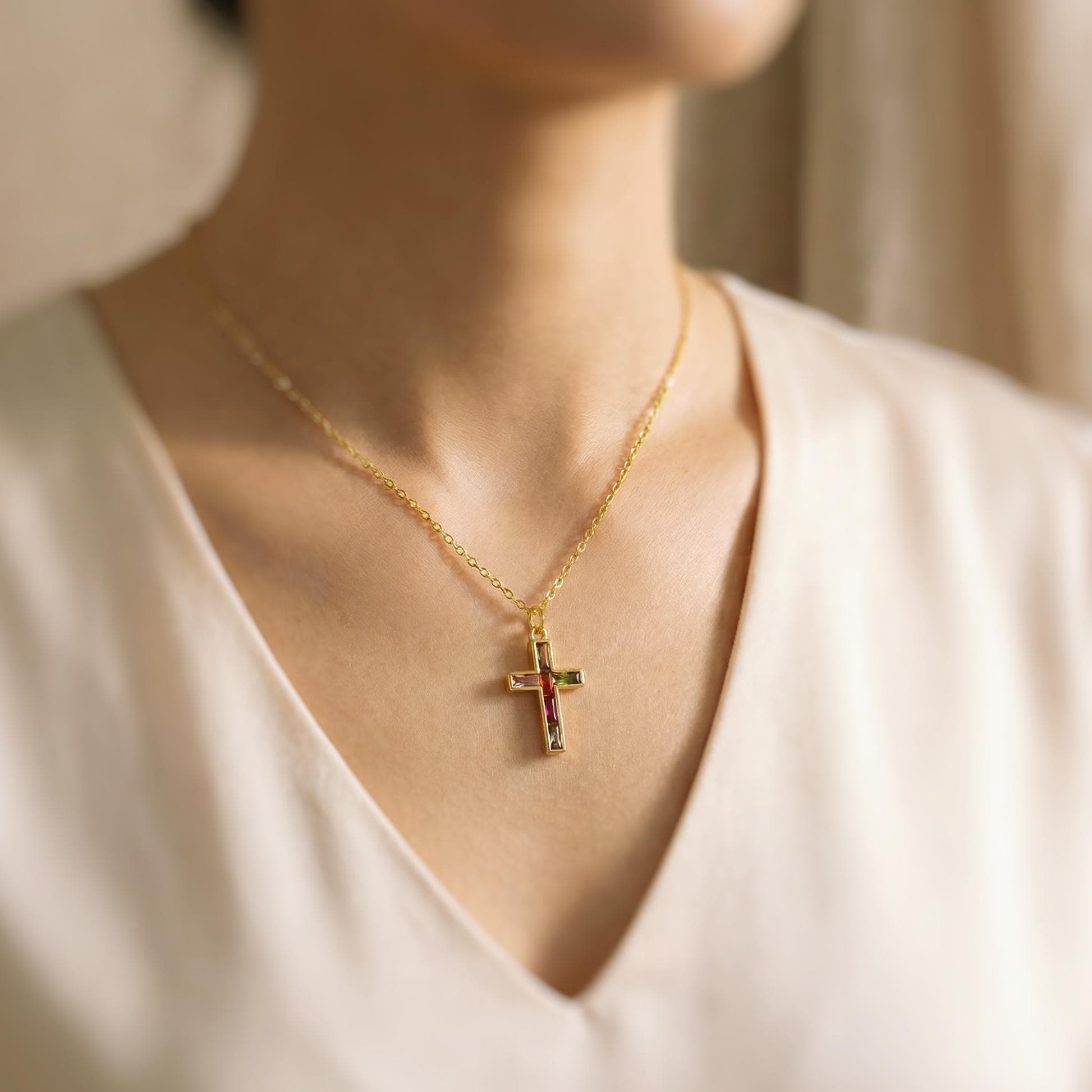 Dainty Gold Cross Necklace for women colorful handmade gemstone jewelry Christian faith necklace baptism communion religious Easter gift her