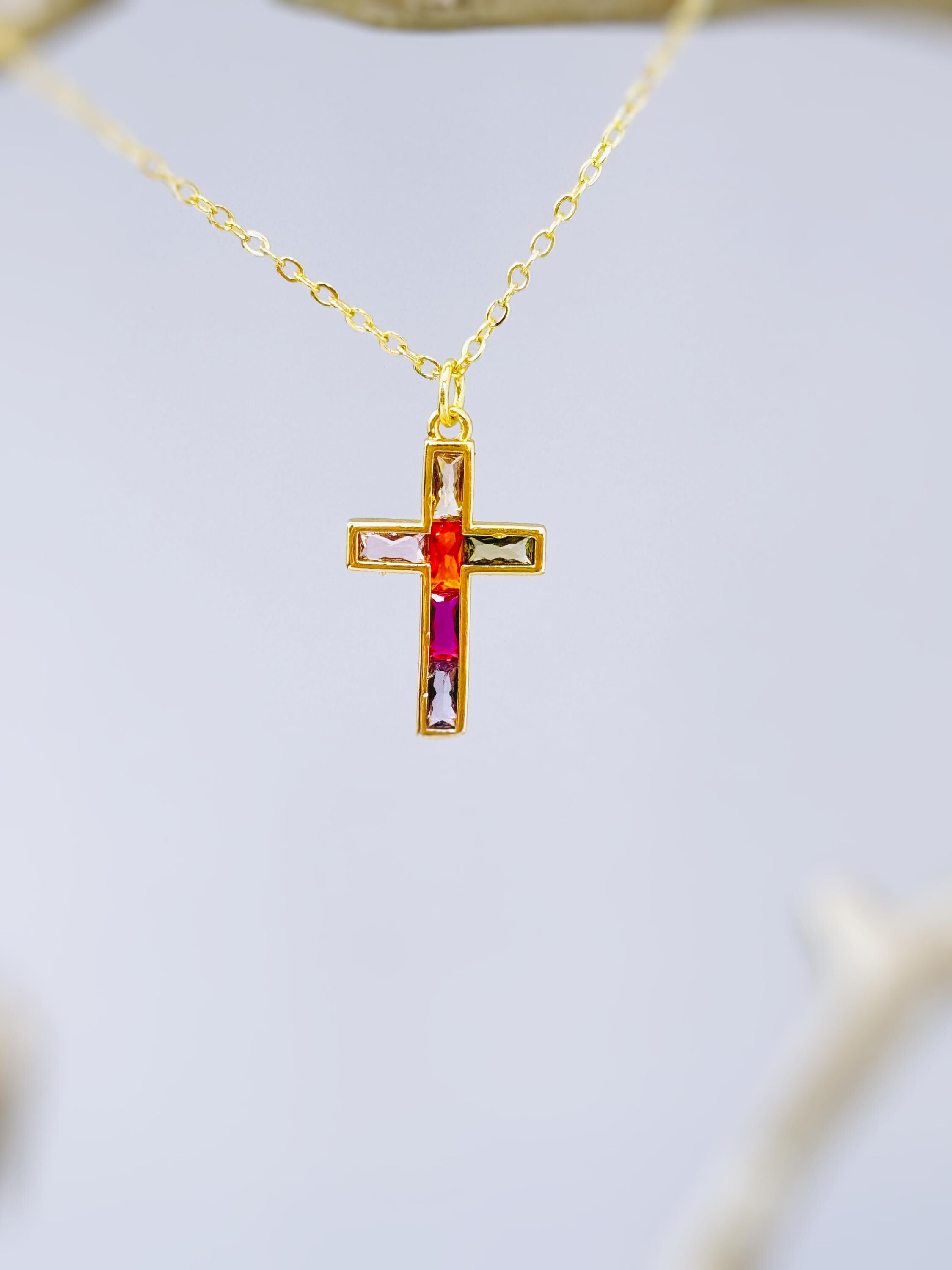 Dainty Gold Cross Necklace for women colorful handmade gemstone jewelry Christian faith necklace baptism communion religious Easter gift her